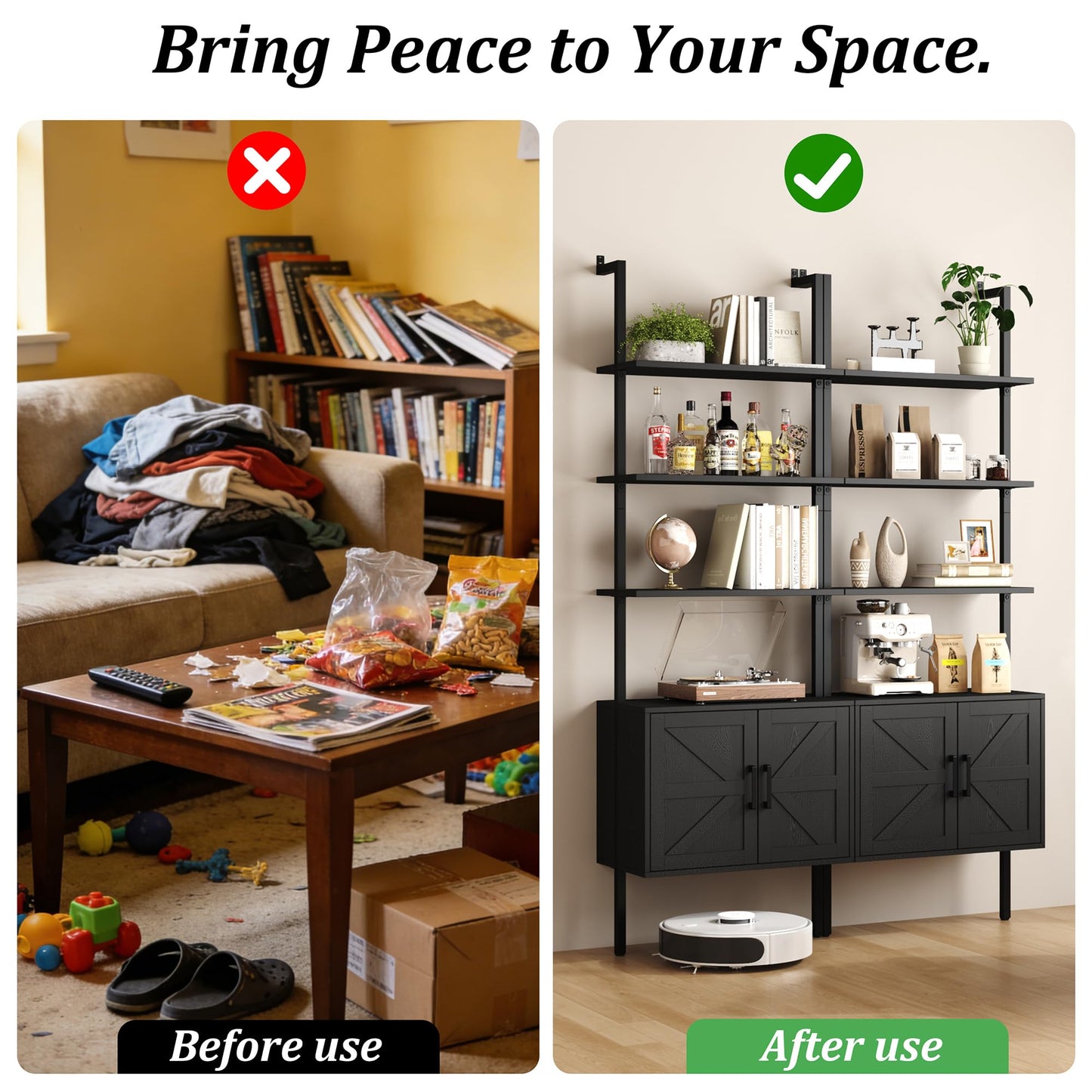 Yusong 73" Tall Bookshelf with Cabinet, Industrial Ladder Wall Mount Shelf Farmhouse Bookcase with Wood and Metal Frame, Plant Shelf Wall Storage Display for Living Room Bedroom, Farmhouse Black
