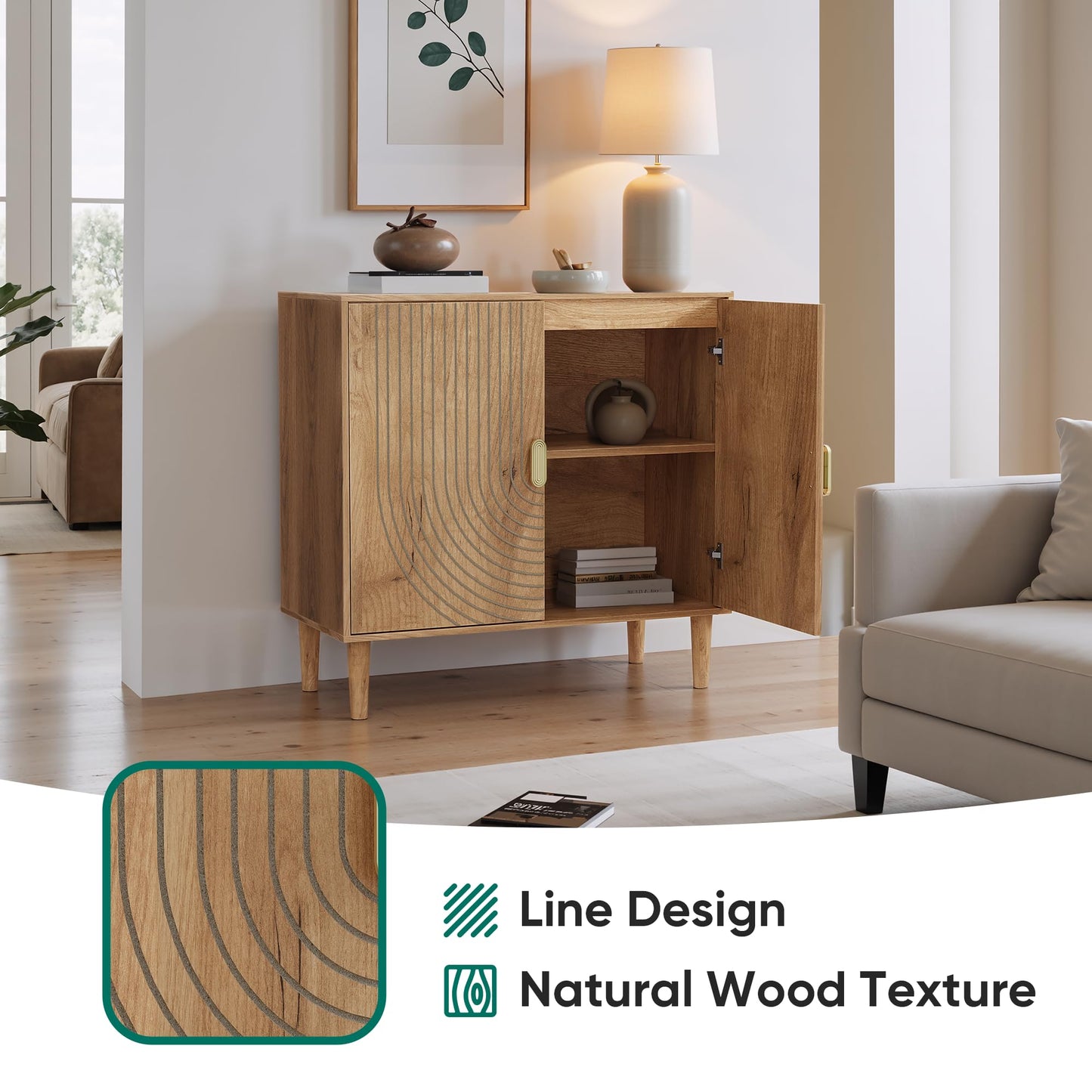 Smuxee Oak Sideboard Cabinet, Freestanding Buffet Cabinet with Line Groove Design, Wood Storage Cabinet with Adjustable Shelf for Living Room, Entryway, Hallway