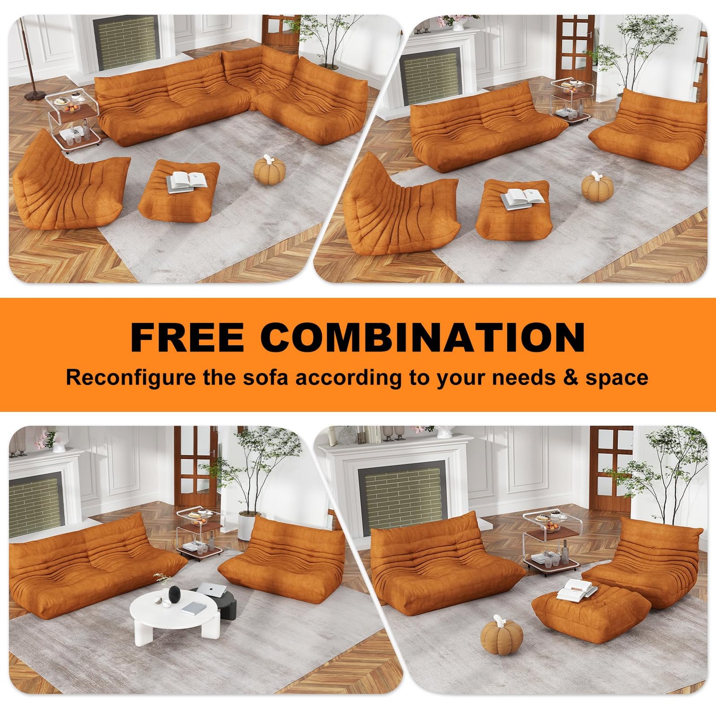 Full Foam Loveseat Sofa,Adults Bean Bag Chairs Floor Couch with Soft Waterproof Fabric,Armless Fireside Lounge Chair for Living Room,Apartment and Office (DarkOrange)