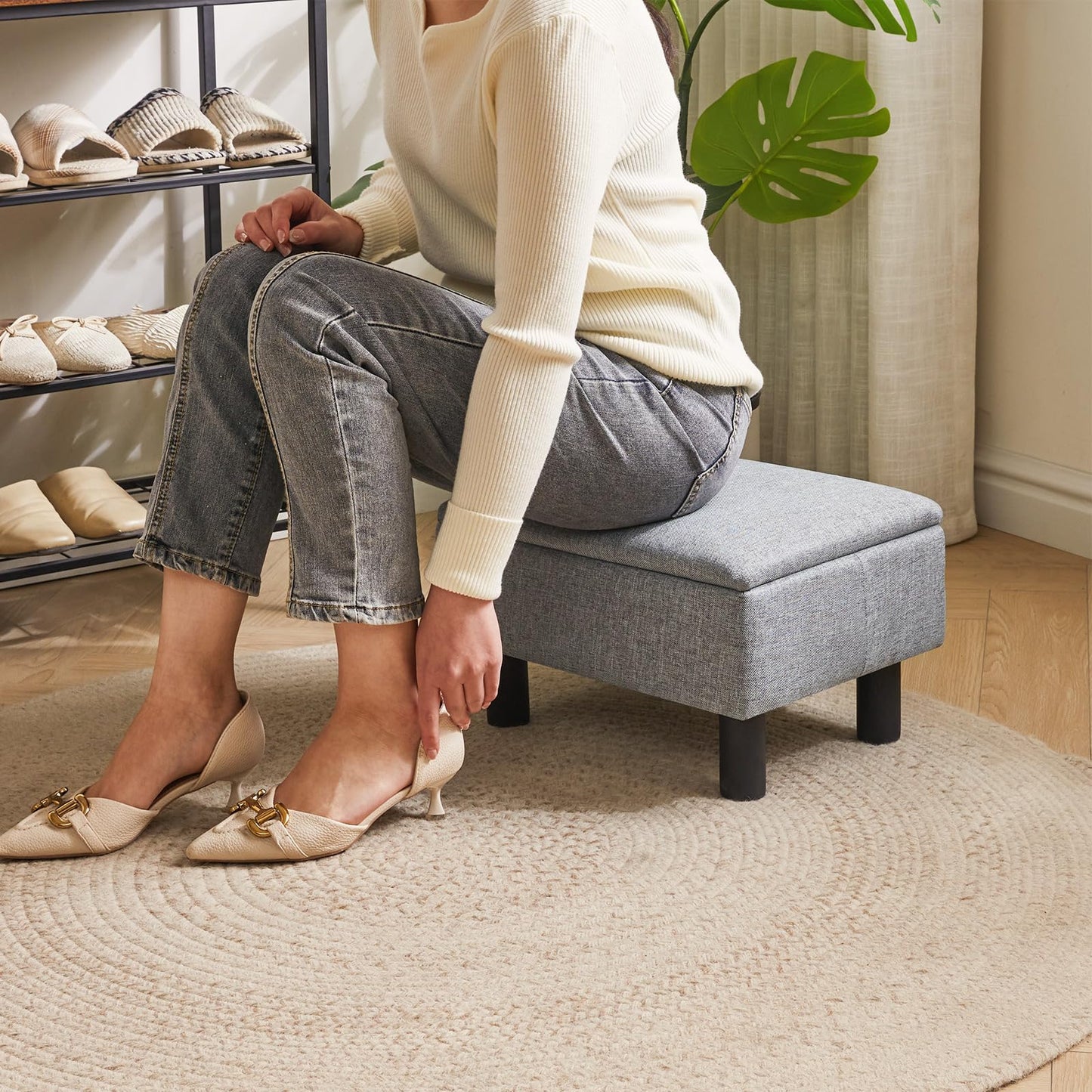 IBUYKE Storage Ottoman Footrest Stool with Linen Fabric, Rectangular, Flip Top Lid, Non-Slip Feet, Compact Design, Stylish and Functional, Gray Blue RF-BD224