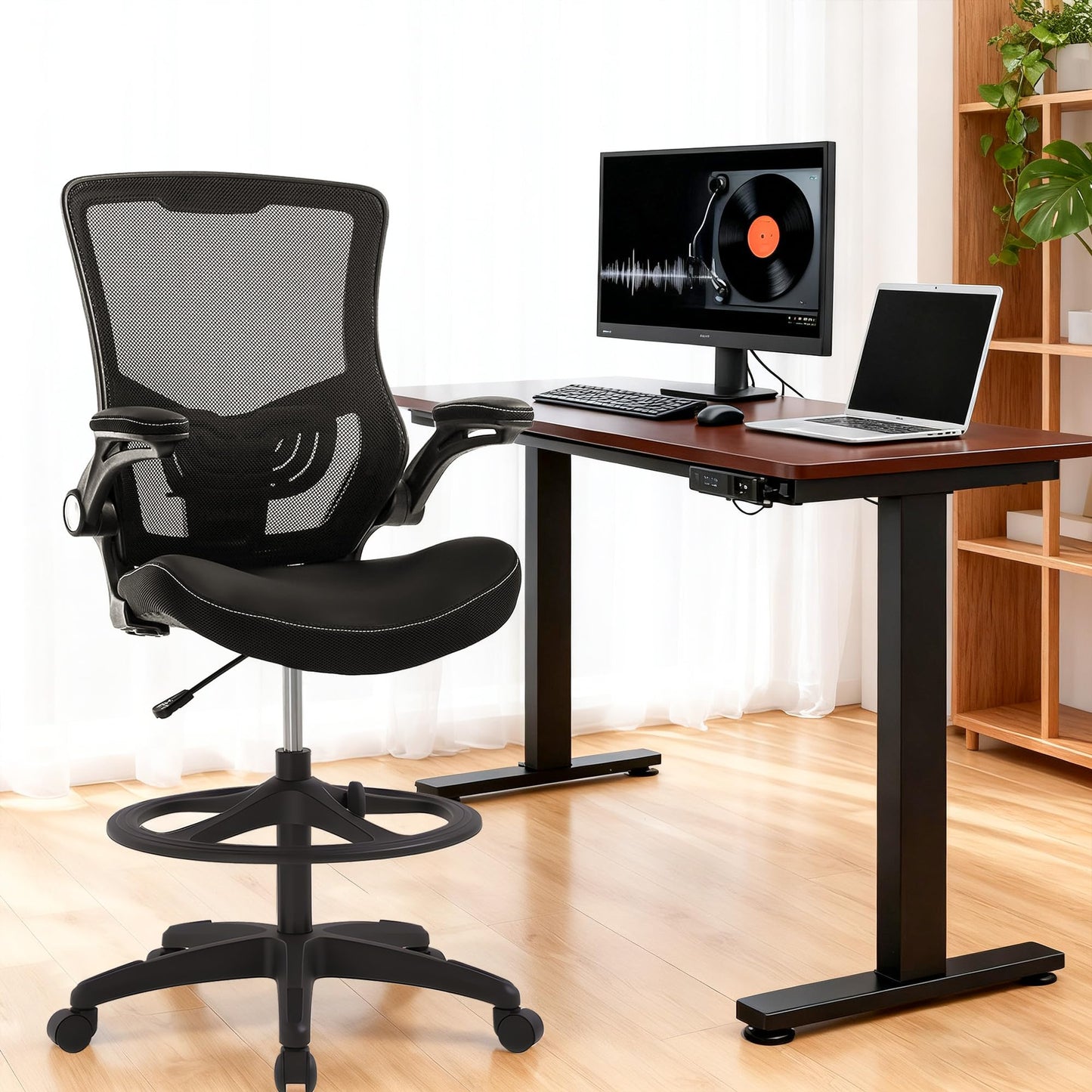 BestOffice Drafting Chair Ergonomic Tall Office Chair Standing Desk Chair with Flip Up Arms Foot Rest Back Support Adjustable Height Mesh Drafting Stool, Dark Black