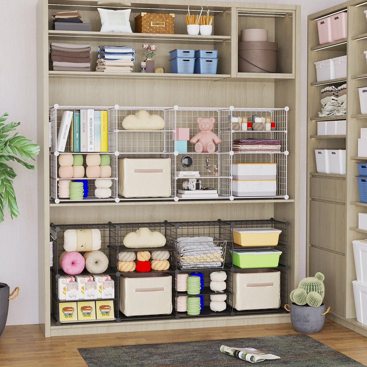 C&AHOME Wire Cube Storage Unit, Interlocking Metal Wire Organizer with Divider Design, Modular Cabinet with Plastic Panels, Bookshelf Stackable Closet Organizer with Small Hooks, White UWCSIM08W