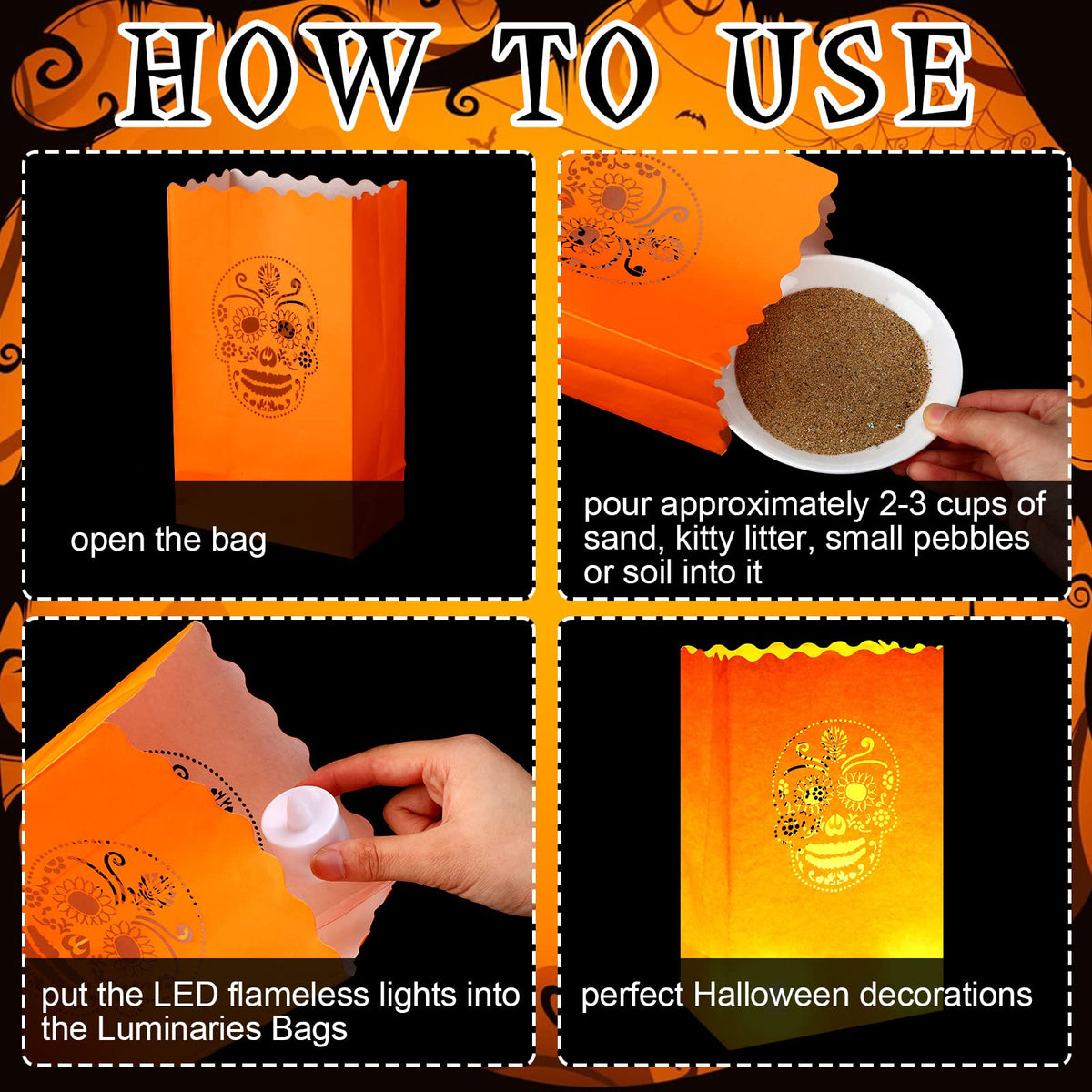 Meanplan 32 Set Day of The Dead Luminary Bags with 32 LED Tea Lights Flameless Candles, Dia De Los Muertos Luminary Mexican Christmas Paper Lantern Bags for Party Decor