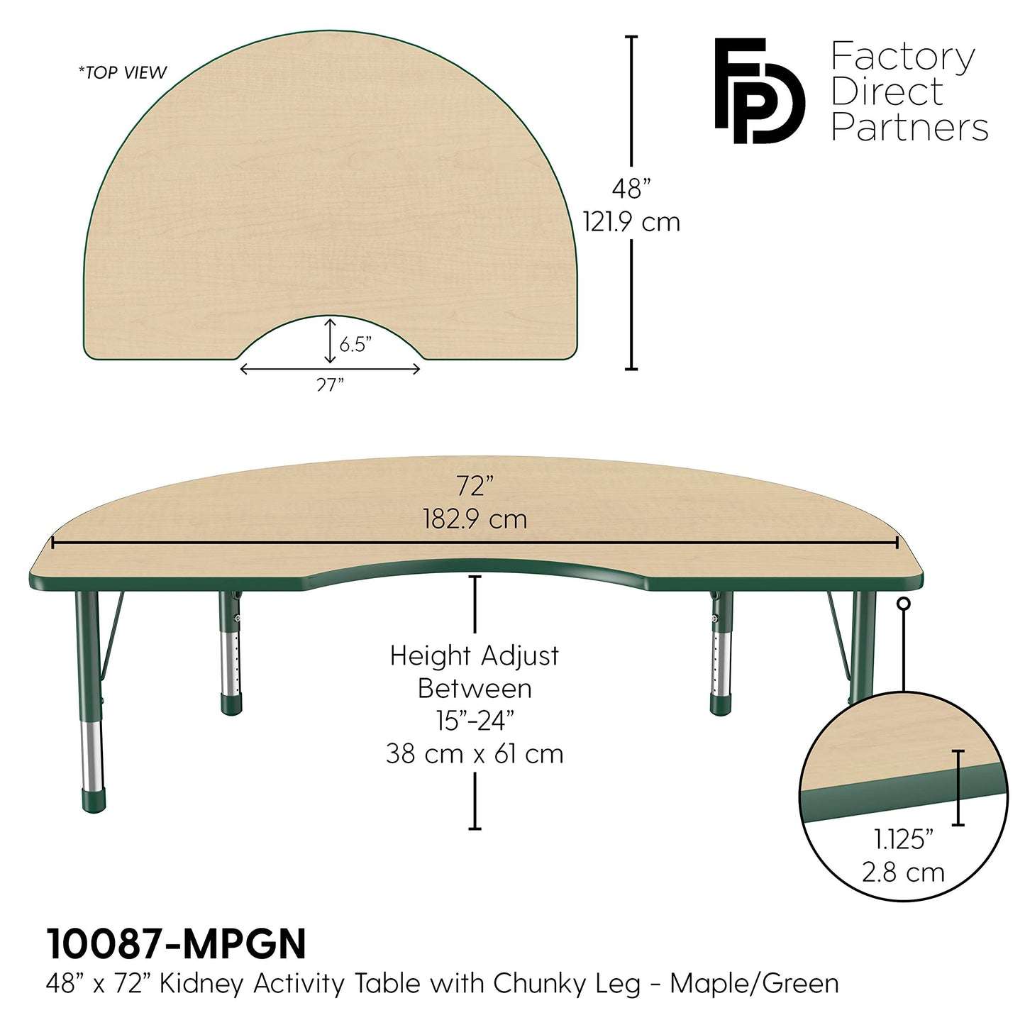 FDP Kidney Activity School and Classroom Kids Table (48 x 72 inch), Chunky Toddler Legs for Collaborative Seating Environments, Adjustable Height 15-24 inches - Maple Top and Green Edge