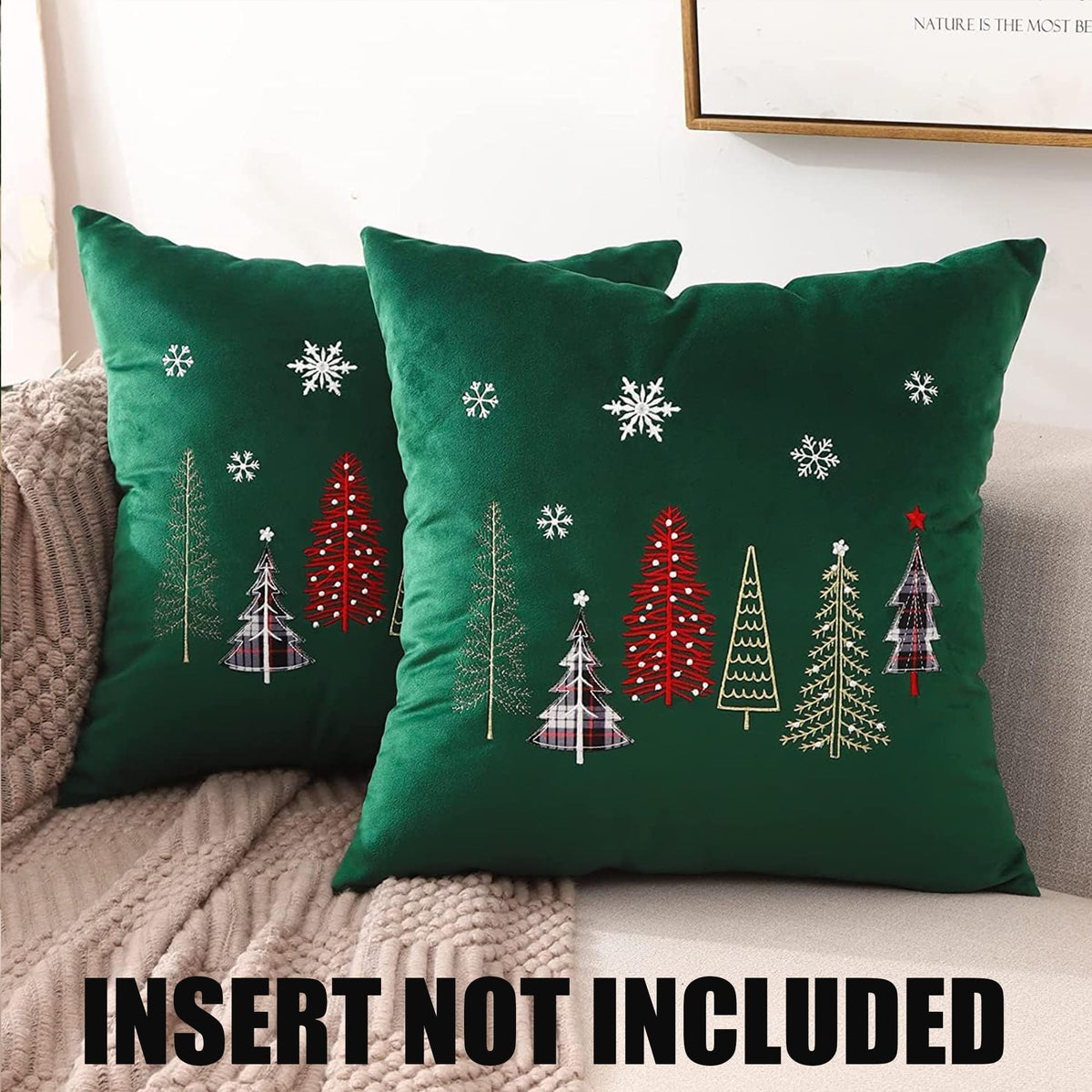Tosleo Christmas Pillow Covers 18x18 Set of 2 Xmas Trees with Snowflake Embroidery Throw Pillow Covers Christmas Dec Velvet Pillowcases Forest Green Cushion Pillow Cases Soft Square Holiday Pillowcase
