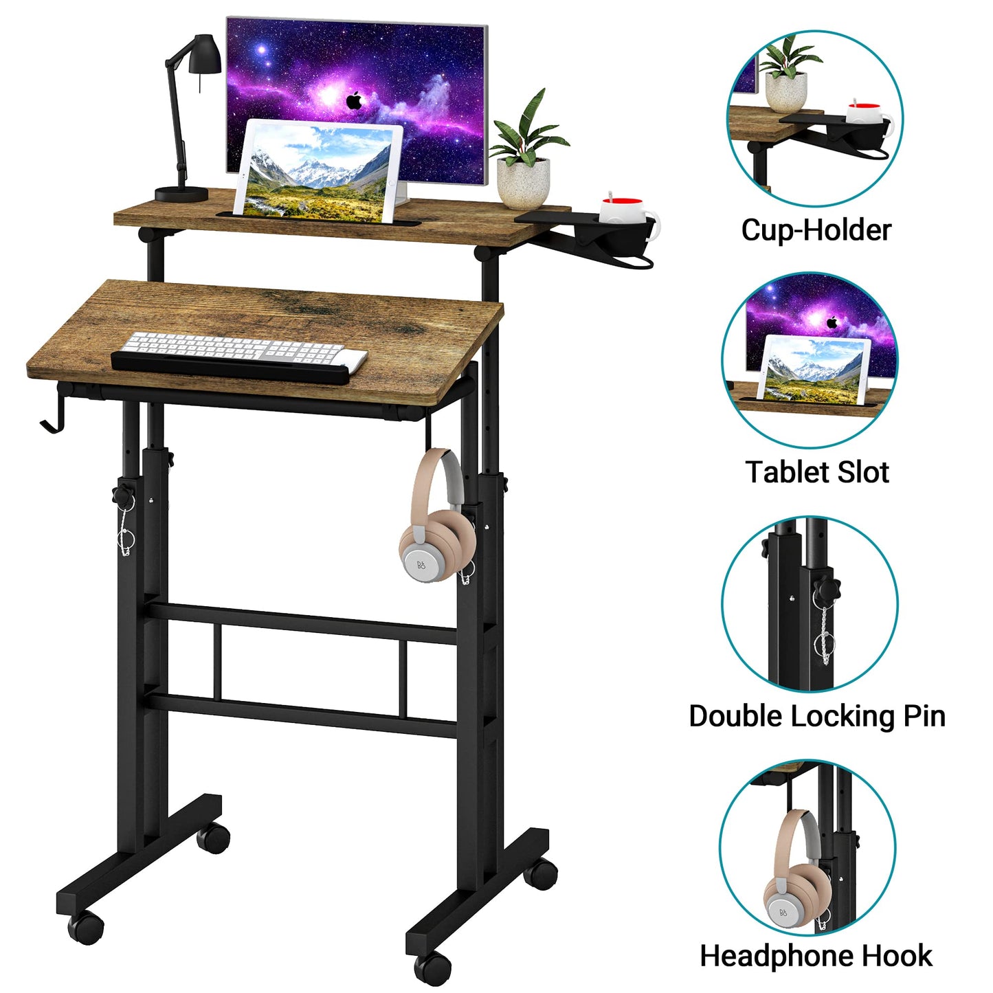 Klvied Small Standing Desk with Cup Holder, Height Adjustable Mobile Laptop Stand on Wheels, Ergonomic Rolling Computer Workstation for Home Office, Portable Overbed Table for Couch & Bed, Oak