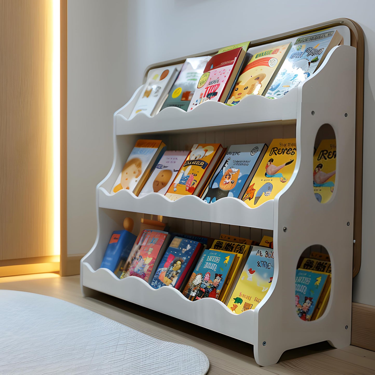 AMMEHOELA Wood Kids Bookshelf Montessori DutchDesign,SnowfallWhite