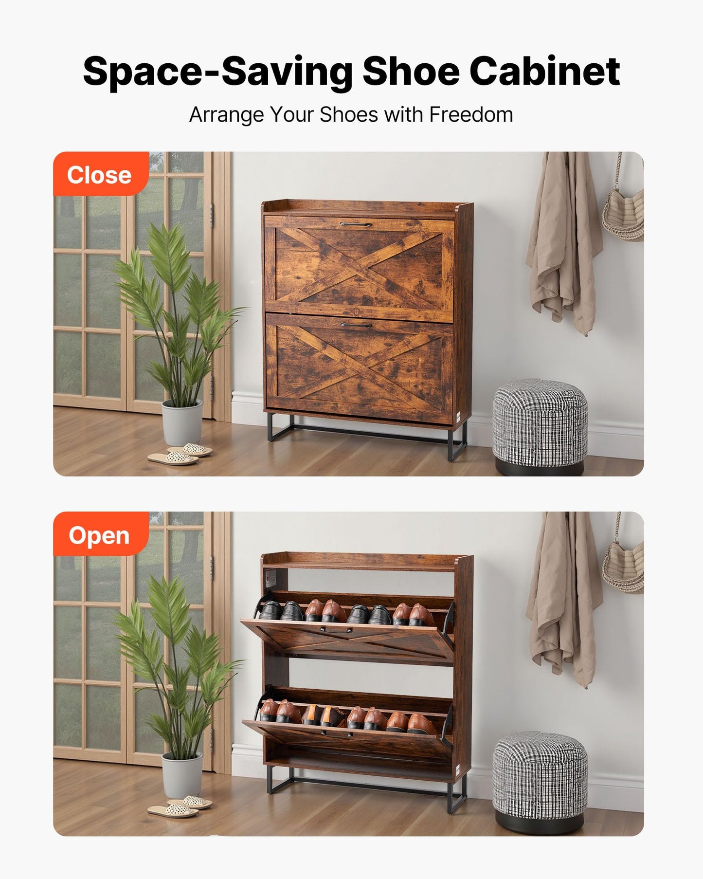 VEVOR Shoe Cabinet with 2 Flip Drawers, Farmhouse Shoes Storage Cabinet with Metal Legs and Anti-Tipping Device, Freestanding Shoe Organizer Ideal for Entryway, Hallway, Bedroom, Living Room, Brown