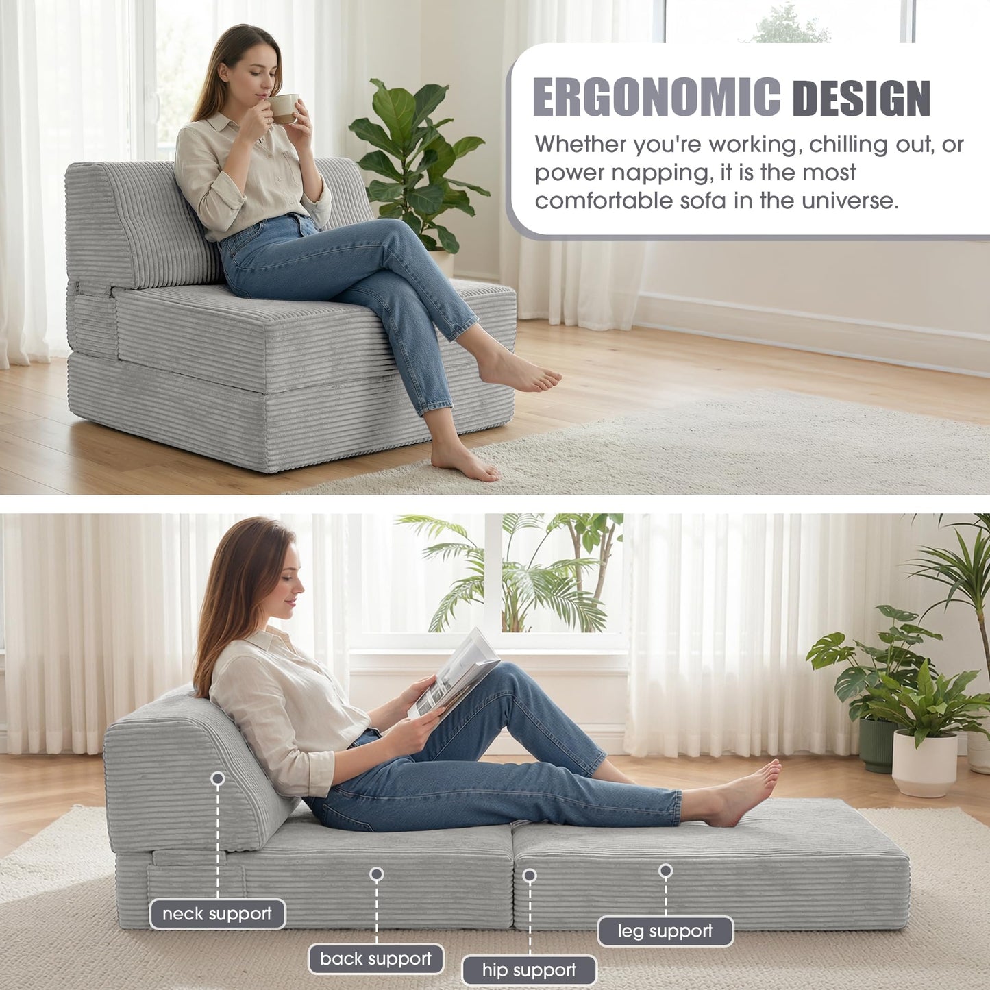 Kasunpul Folding Sofa Bed with Pillow, Memory Foam Fold Out Chair Bed, Convertible Sleeper Chair with Washable Cover, Futon Floor Couch for Living Room/Dorm/Guest Use/Home Office/Apartment, Light Grey