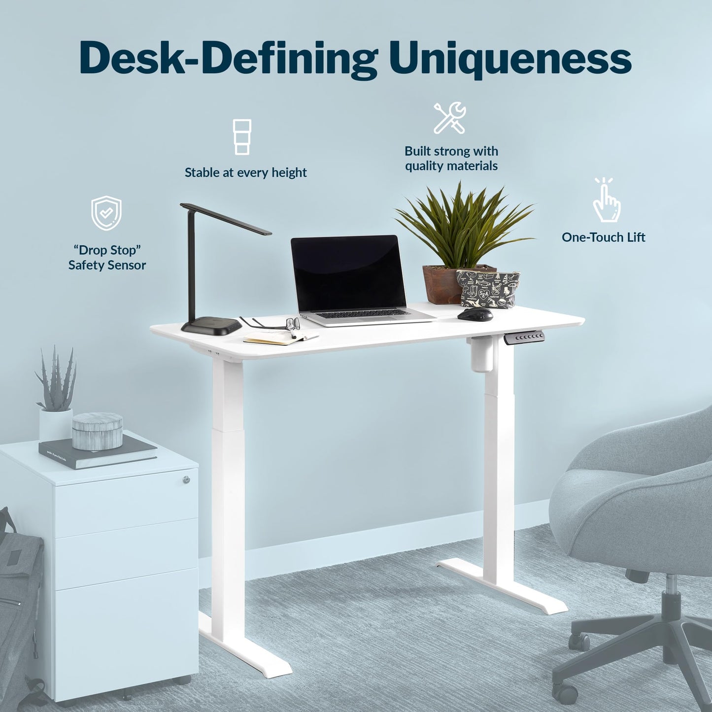 Vari Essential Electric Standing Desk for Home Office – 48x24 Sit-Stand VariDesk, 4 Memory Height Presets, 2-Piece Laminate Wood Top, Sturdy T-Style Legs, Supports 150 Lbs + Easy Assembly (White)