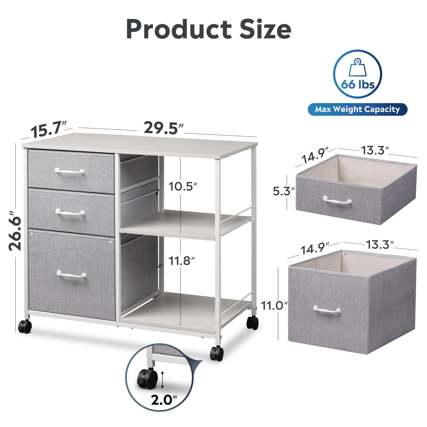 DEVAISE 3 Drawer Mobile File Cabinet, Rolling Printer Stand with Open Storage Shelf, Fabric Lateral Filing Cabinet fits A4 or Letter Size for Home Office, Light Grey