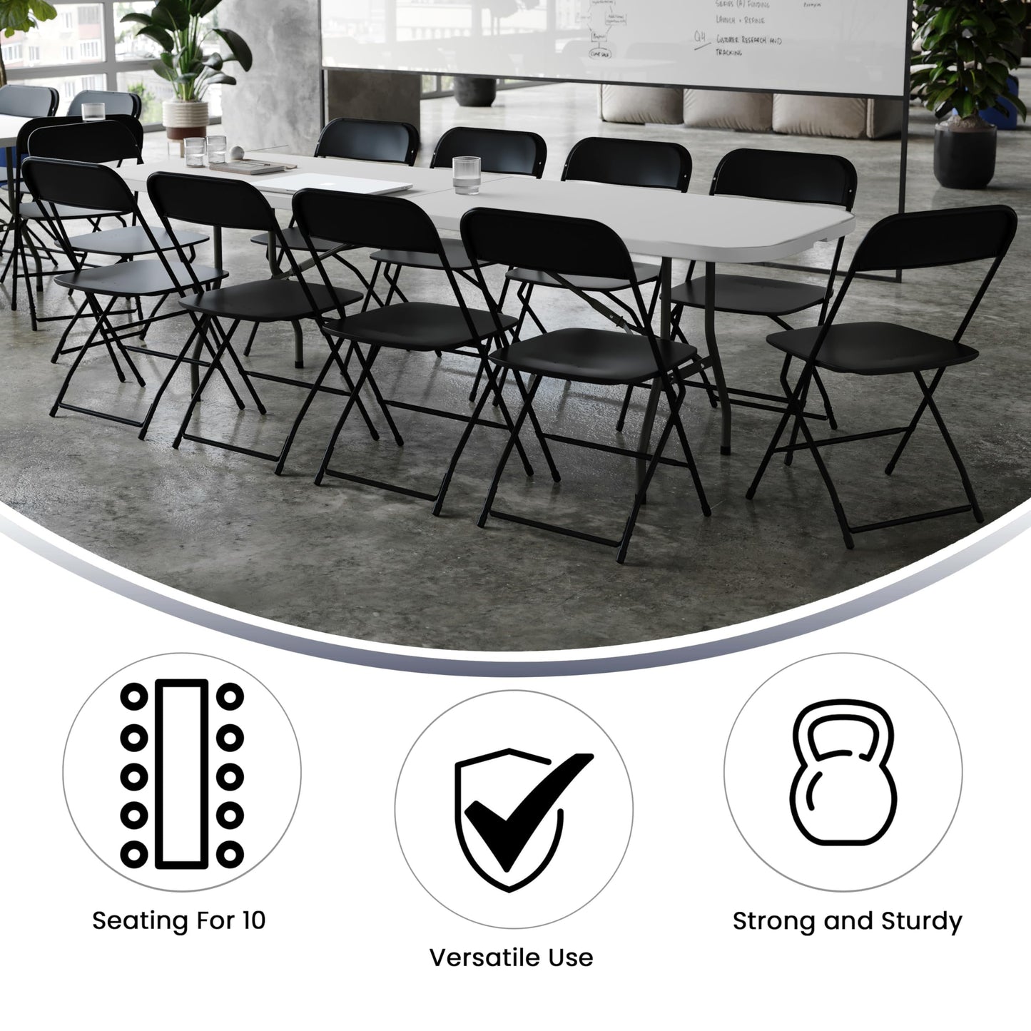 Flash Furniture 8' Plastic Bi-Fold Training Table Set with 10 Folding Chairs, 11-Piece Rectangular Folding Training Table and Chairs Set, White/Black