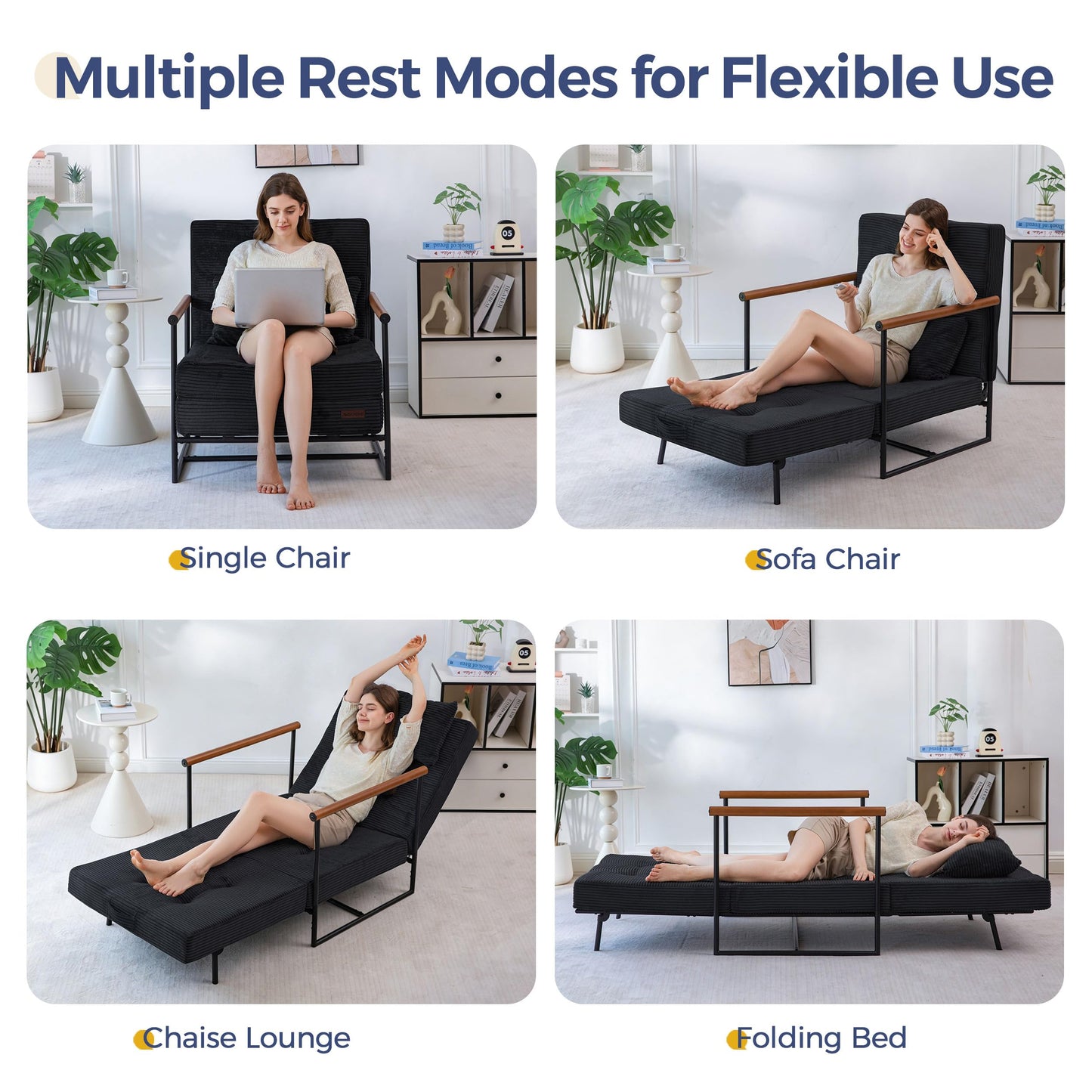 MAXYOYO Convertible Chair Bed, Folding Lounge Chair with Adjustable Backrest, Versatile Folding Sofa Bed, Tufted Corded Upholstered Chair with Frame, Adjustable Recliner Chair for Living Room, Bedroom