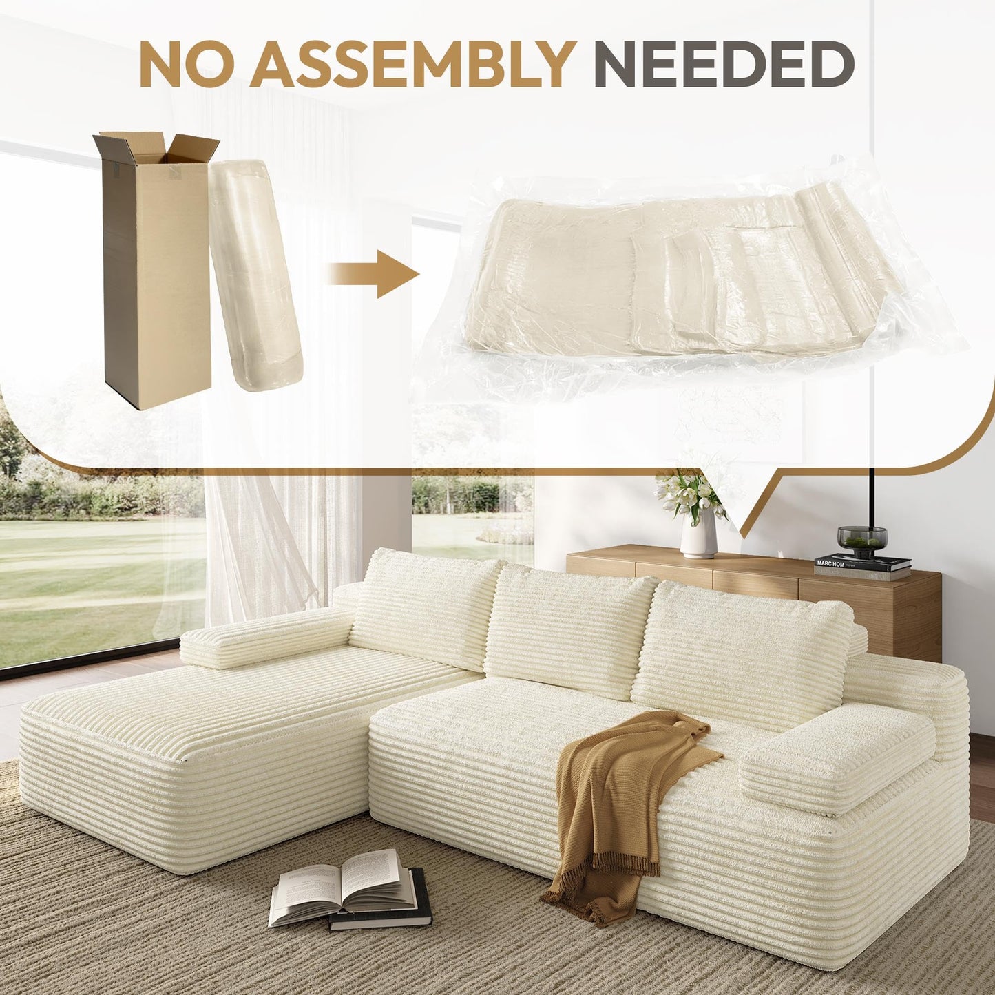 Yaheetech 110" Modular Sectional Sofa Corduroy Boneless Couch with Chaise L-Shape Cloud Couch with Detachable Pillows No Assembly Sofa for Living Room, Beige