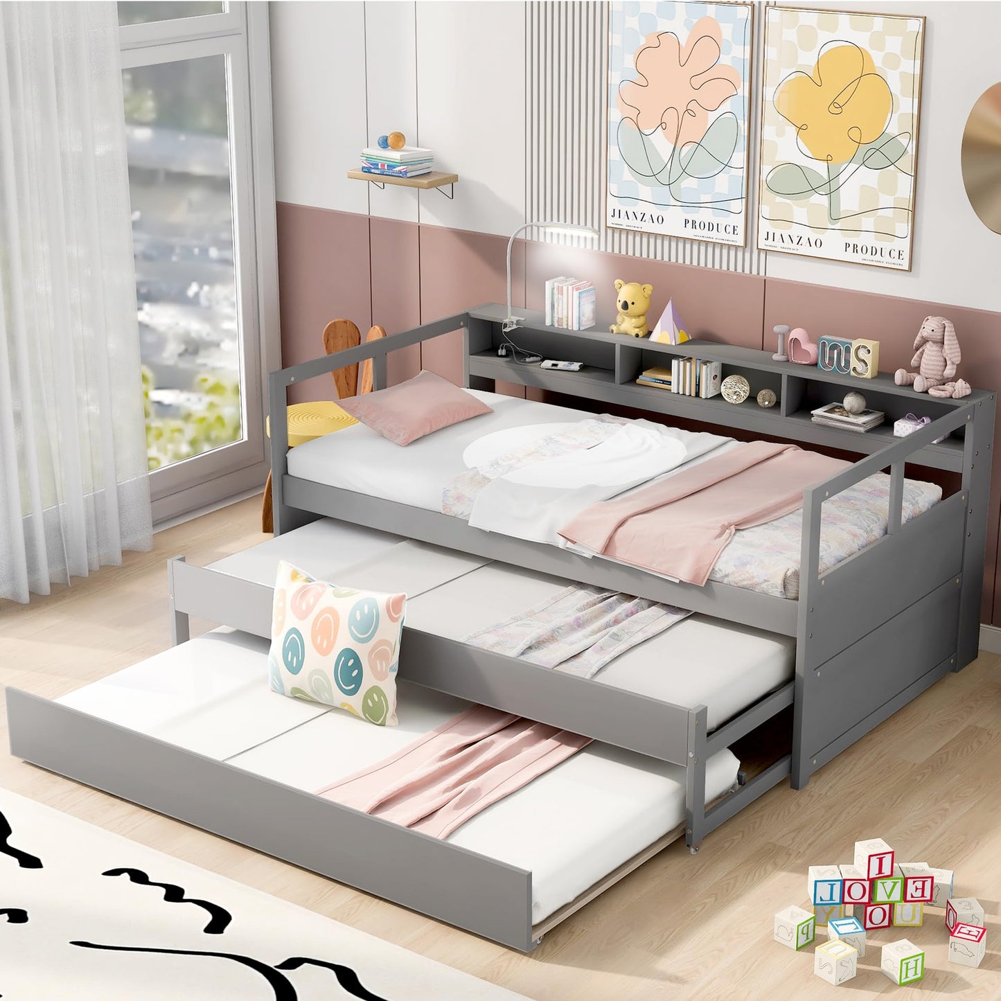 Harper & Bright Designs Twin XL Wood Daybed with 2 Twin Size Trundles, 3 Storage Cubbies, 1 Light for Free and USB Charging Design, No Box Spring Needed - Gray