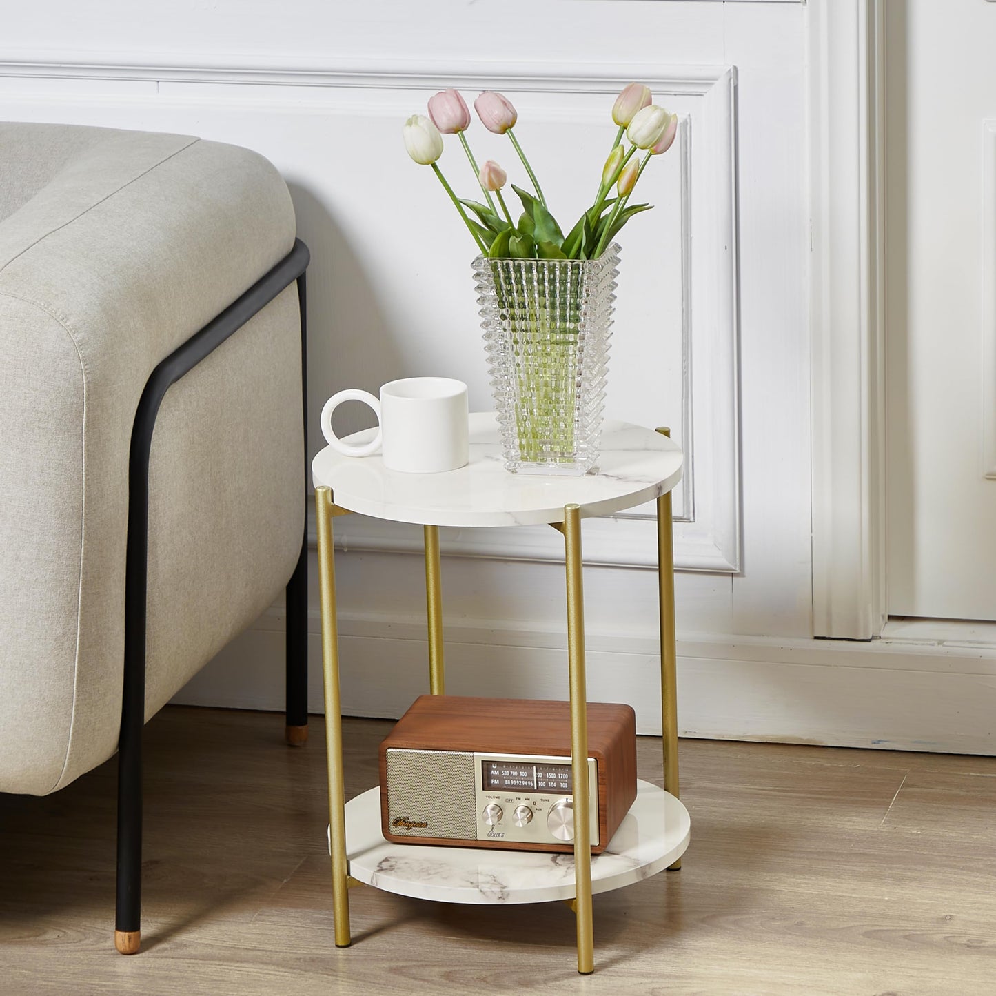 Gawicpy 2 Tier Round Side Table, Folding End Tables Coffee Table Simplistic Sofa Table Waterproof Removable Tray Table Indoor Outdoor Accent Table for Living Room Bedroom (Faux Marble White, 1pcs)
