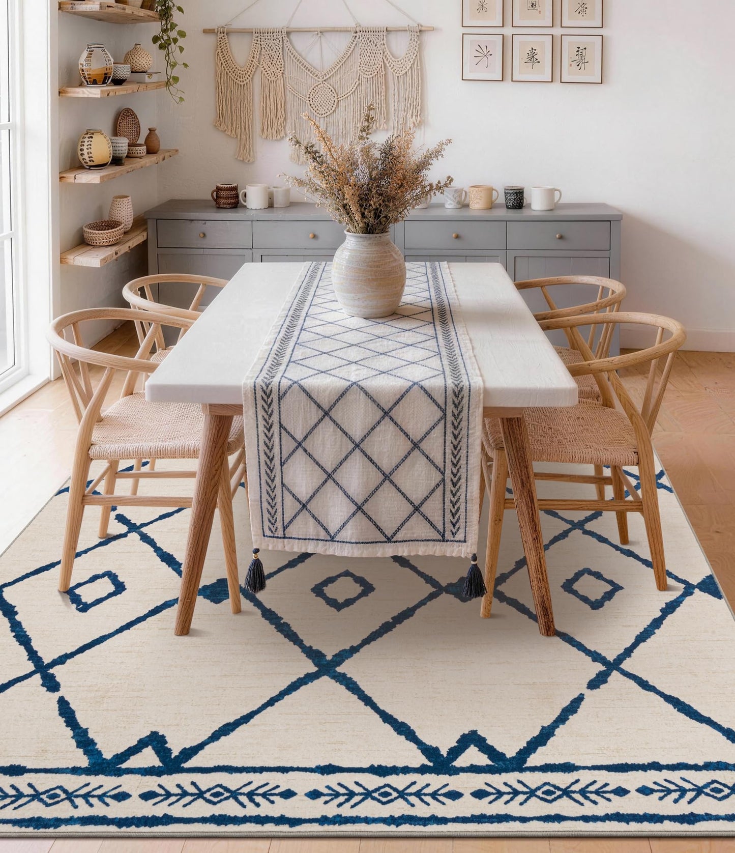 YIHOUSE Boho Rugs for Living Room, 6x9 Western Beige and Blue Area Rug, Moroccan Geometric Soft Low-Pile Washable Rugs for Bedroom, Dining Room
