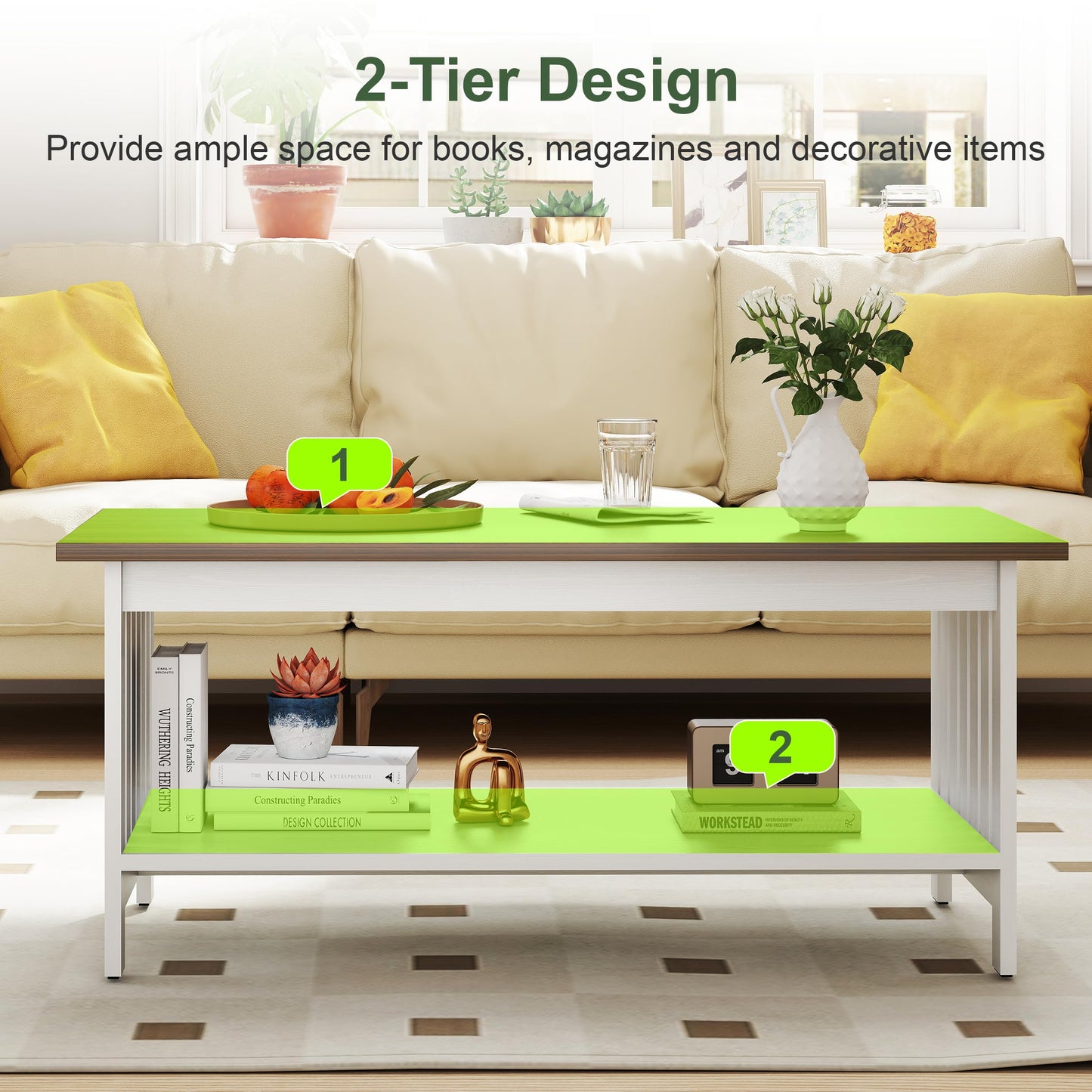YOSHOOT 39.4" Farmhouse Coffee Table - Coffee Tables for Living Room, Small Coffee Table with Storage, Center Table for Living Room, Bedroom, Office, White