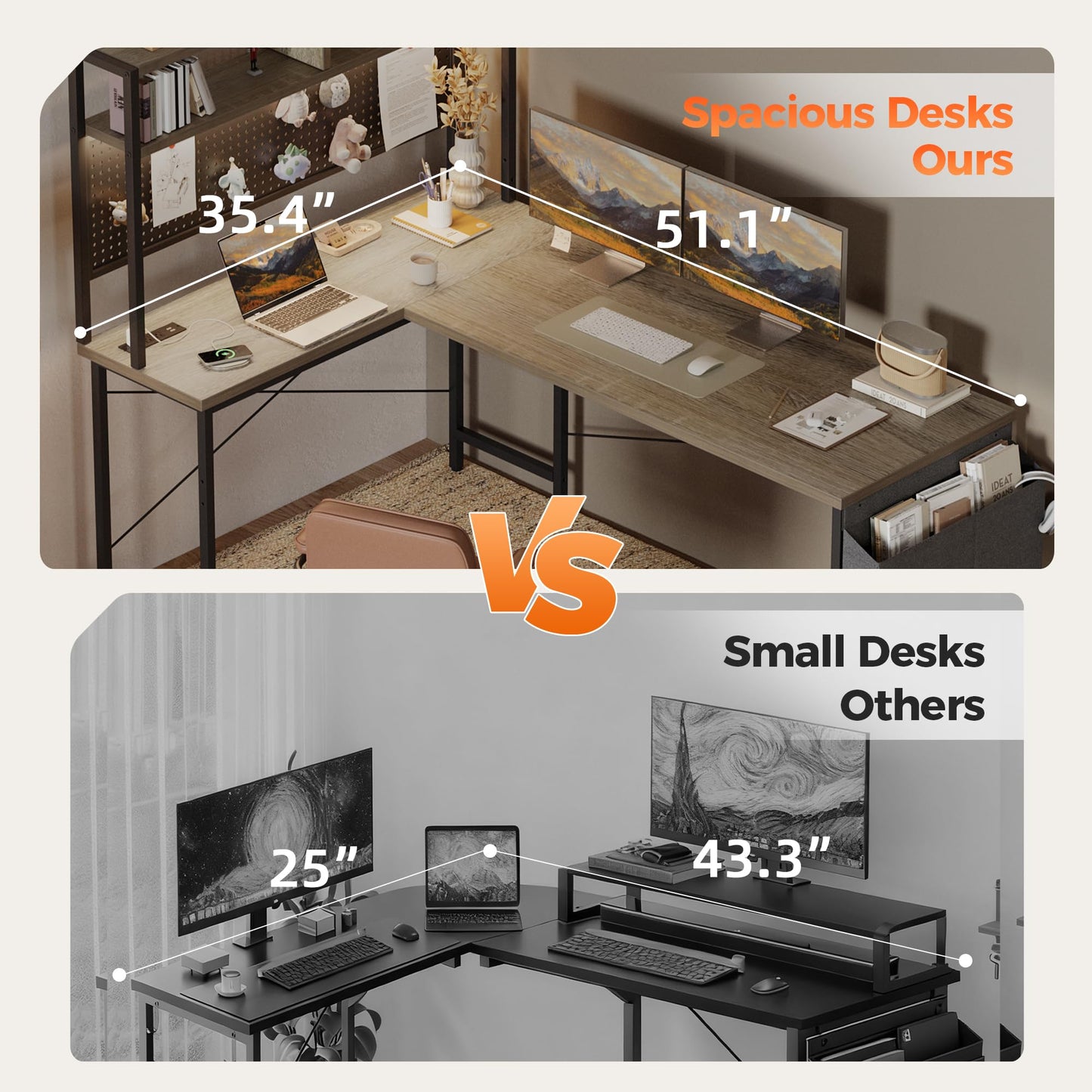 Mericonia 50 inch Large L Shaped Desk with Pegboard Hutch & Shelves, Corner Gaming Desk with Power Outlet, LED Light & Storage Bag, Reversible Computer Desk for Home, Bedroom, Office Workspace, Grey