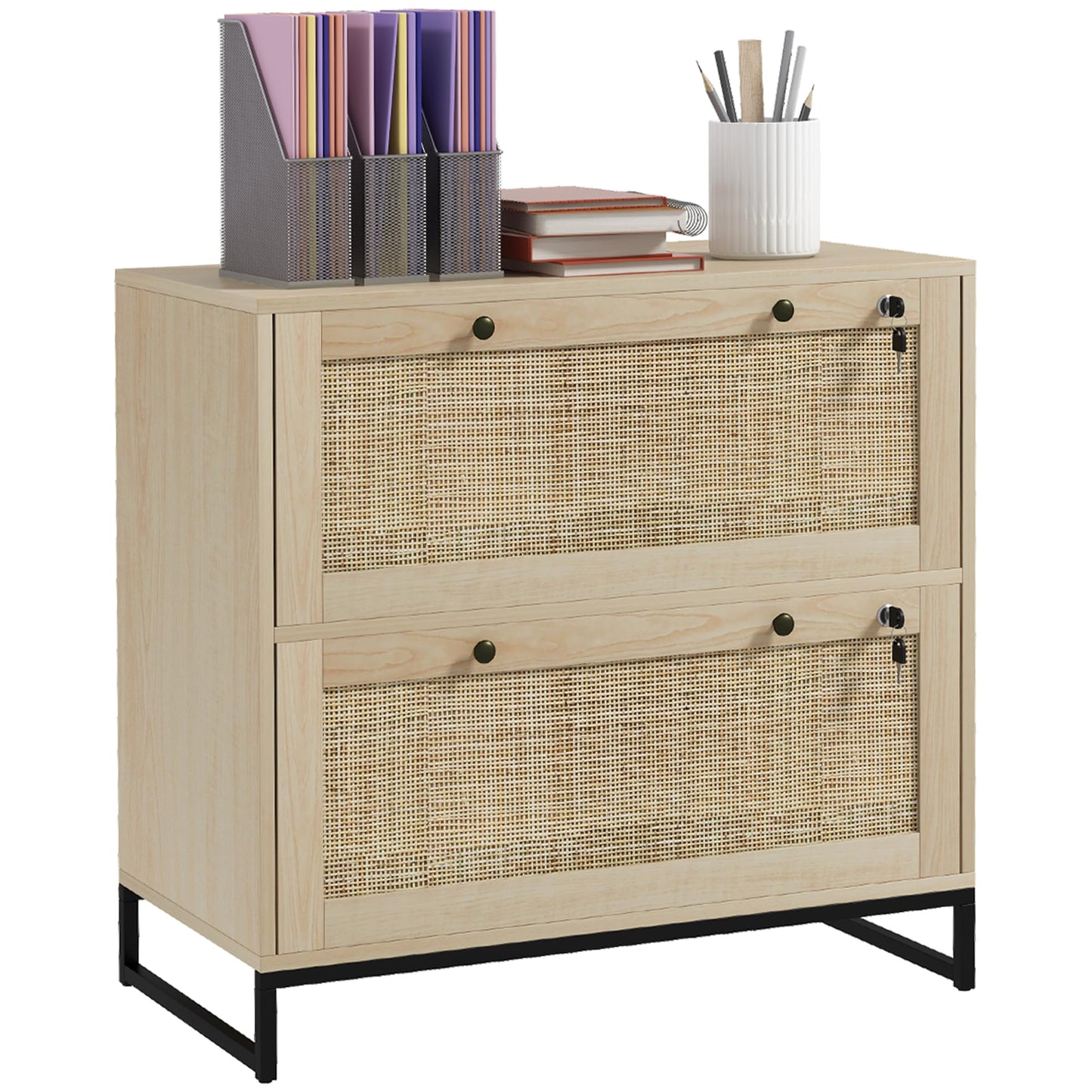 Vinsetto 2 Rattan Drawer File Cabinet with Lock, Lateral Filing Cabinet with Adjustable Hanging Bar for Letter, A4 and Legal Size Files, Printer Stand for Home Office, Natural