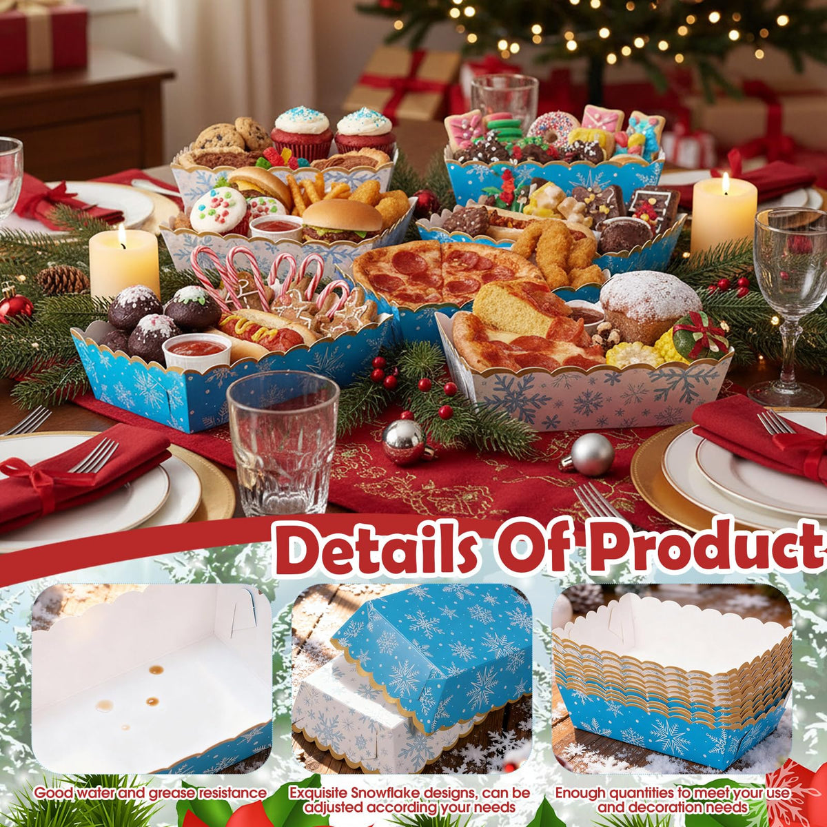 Dunzoom 60 Pcs Blue White Winter Snowflake Paper Food Trays Winter Wonderland Party Decoration Snowflake Snack Trays Nacho Boats Bowl Disposable for Holiday Birthday Baby Shower Party Supplies