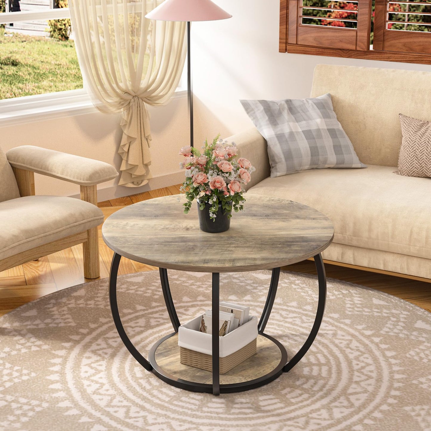 GreenForest Round Coffee Table with 2-Tier Open Storage, 27.6 inch Small Circle Coffee Tables with Adjustable Feet, Modern Mini Center Table for Small Living Room, Grey Wash