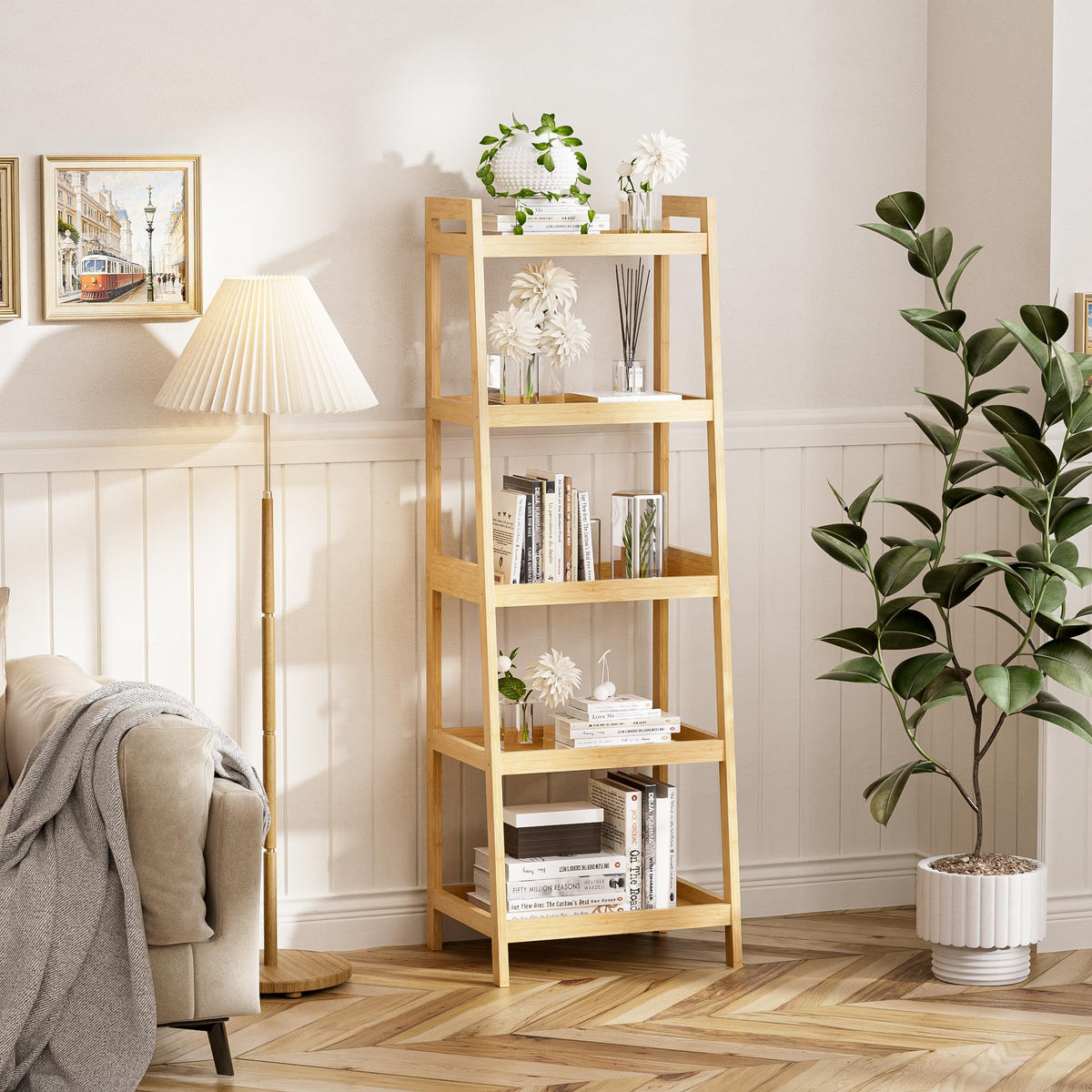 vovala Bookshelf, 5 Tier Ladder Bookcase with Bamboo Frame, Freestanding Tall Narrow Display Plant Shelf for Living Room, Kitchen, Bedroom, Balcony, Natural