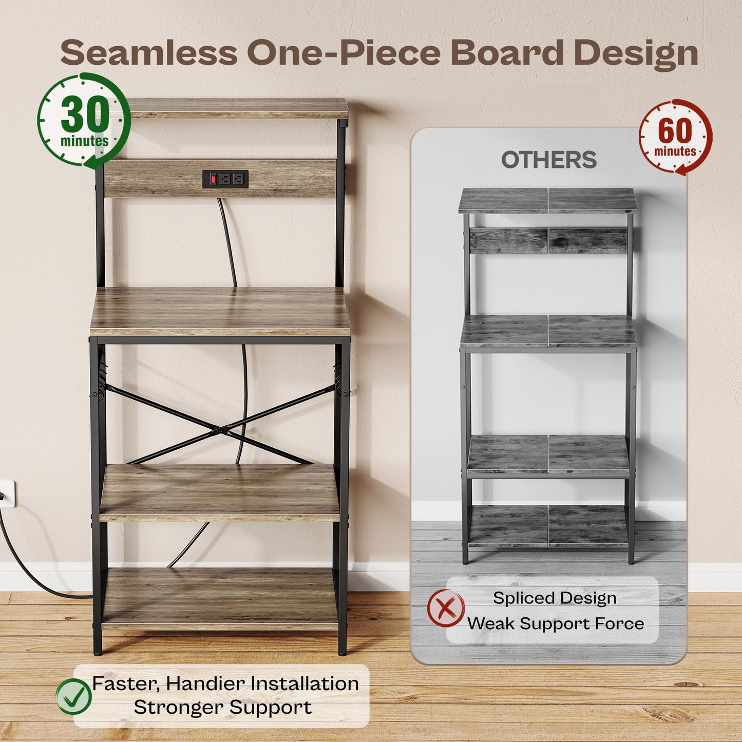 SUPERJARE Kitchen Bakers Rack with Power Outlet, Coffee Bar Table 4 Tiers, Kitchen Microwave Stand with 6 S-shaped Hooks, Kitchen Storage Shelf Rack for Spices, Pots and Pans - Greige