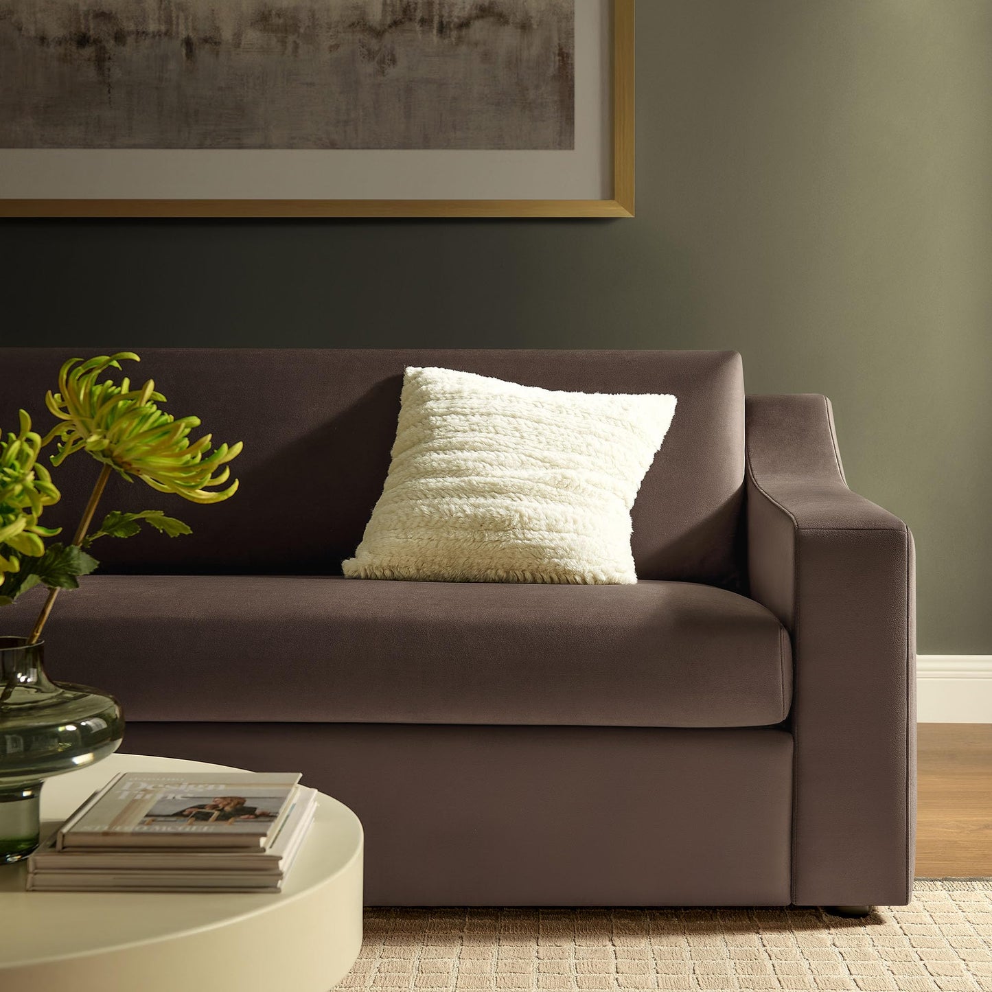 Modway Liora 87 Inch Stain-Resistant Performance Velvet Sofa in Chocolate Brown - 3 Seater Upholstered Sofa Couch for Living Room Seating - Comfy Deep Seat Sofa with Scoop Arms