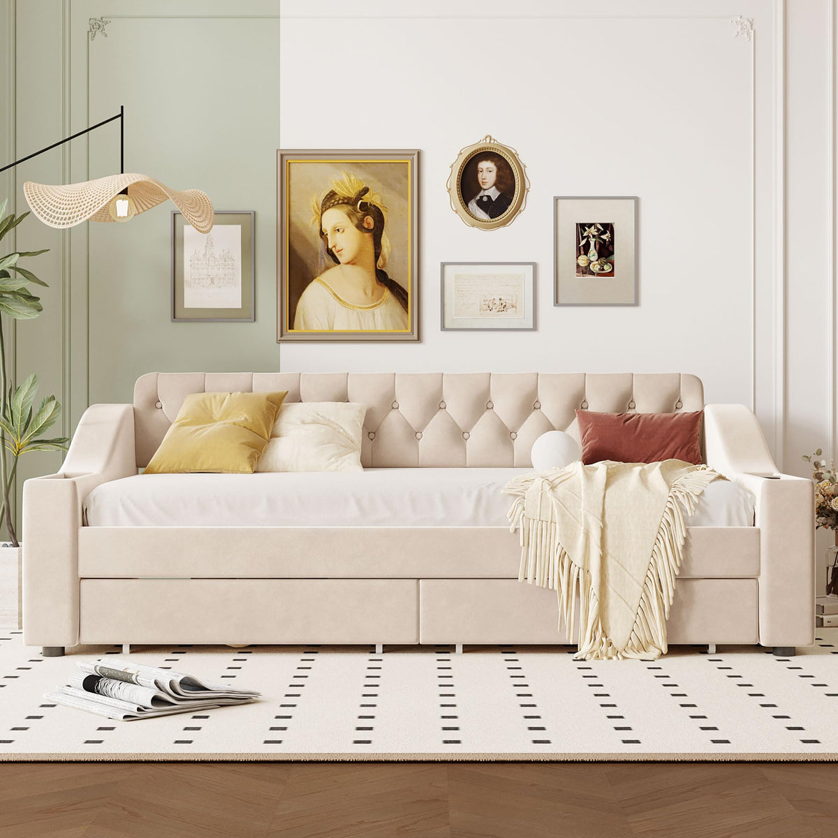 Merax Twin Size Upholstered Daybed with Storage Armrests, Wooden Sofa Bed Frame with 2 Drawers and USB Port, Beige