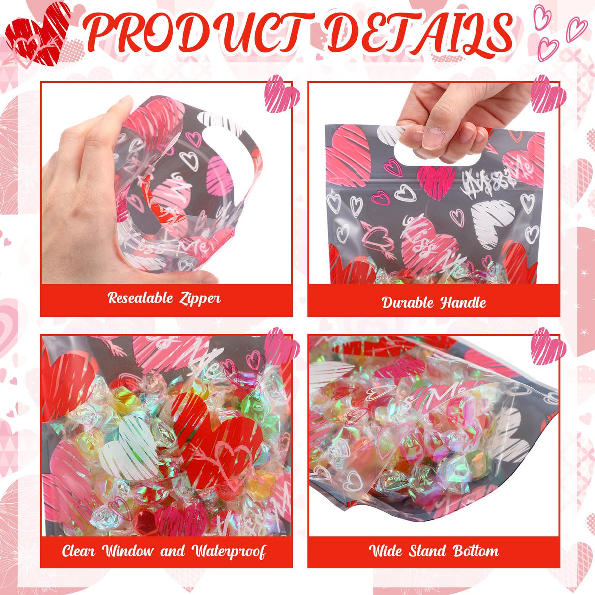 Pasimy 60 Pcs Valentine's Day Sealing Candy Bags with Zipper Love Heart Treat Goodie Bag Valentines Sealing Pouches with Handles Plastic for Valentines Party Favor Classroom Exchange Prizes Supplies