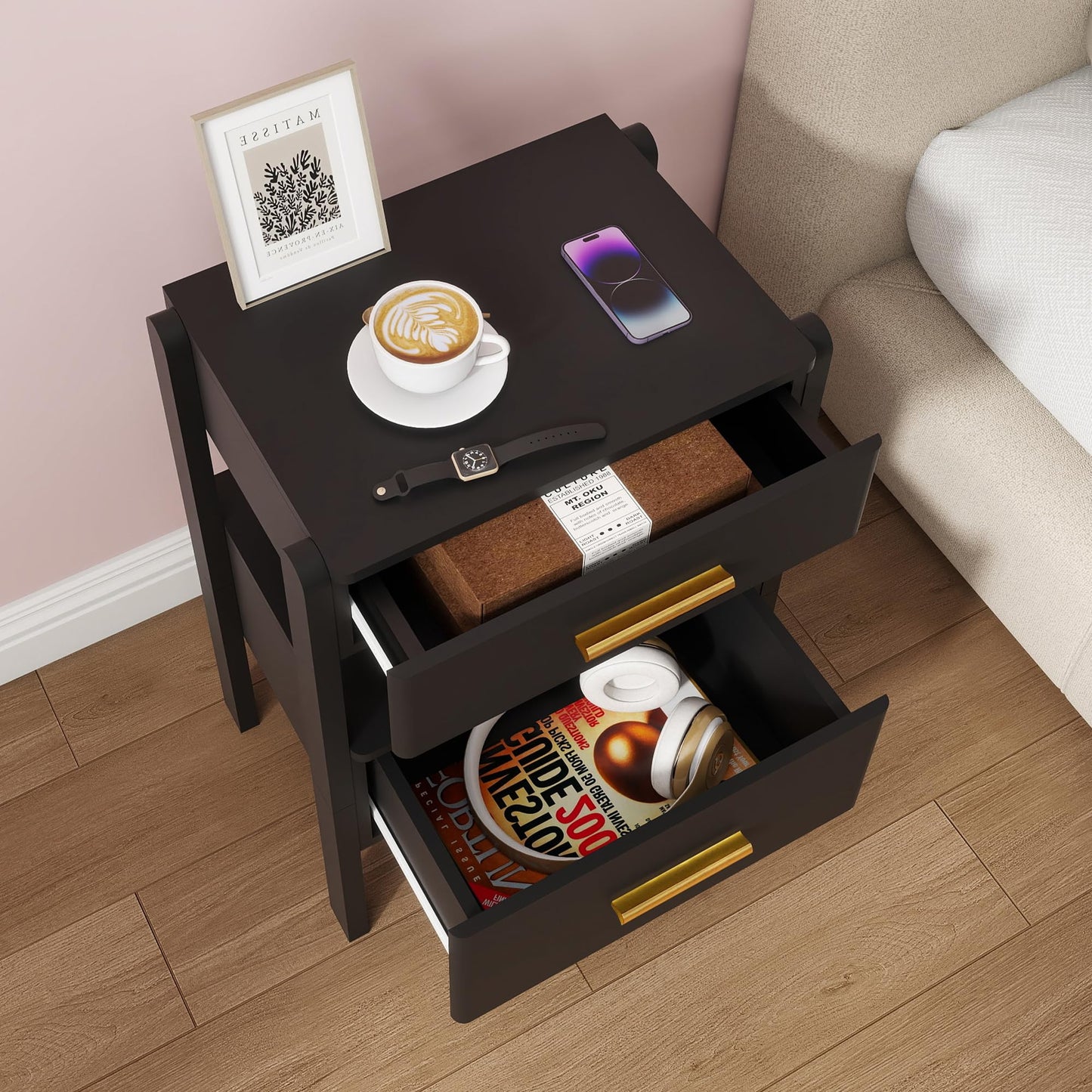 Tltaroni Nightstand with 2 Drawers and Open Shelf Wooden Bedside Table Gold Handles Modern Storage Night Stand Sensor Light for Bedroom, Black