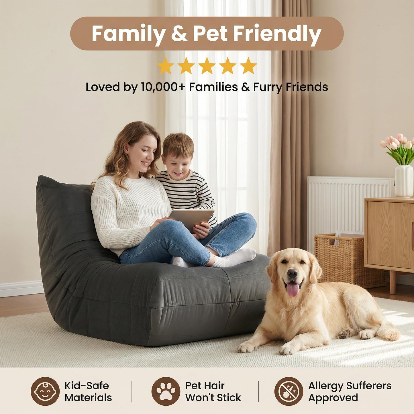 Gazecaia Comfy Bean Bag Chair for Adults Teens | Fireside Floor Lounge Chair,Soft Suede High-Resilience Memory Foam Bean Bag Couch with Non-Slip Base,for Living Room Bedroom Apartment Office,Dark Gray