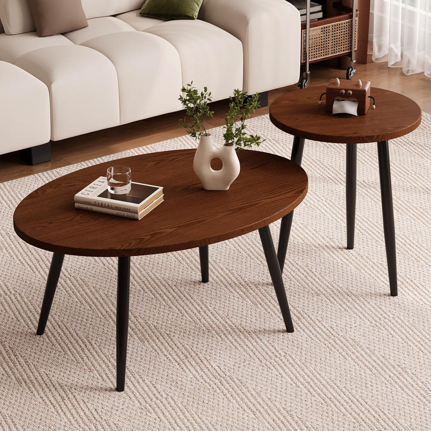 Semjar 2 Pcs Small Oval Coffee Table,31.5" Retro Walnut Coffee Tables Nesting Tables Set,Easy Assembly Mid Century Modern Coffee Tables for Living Room Office,Coffee Table and End Table Sets