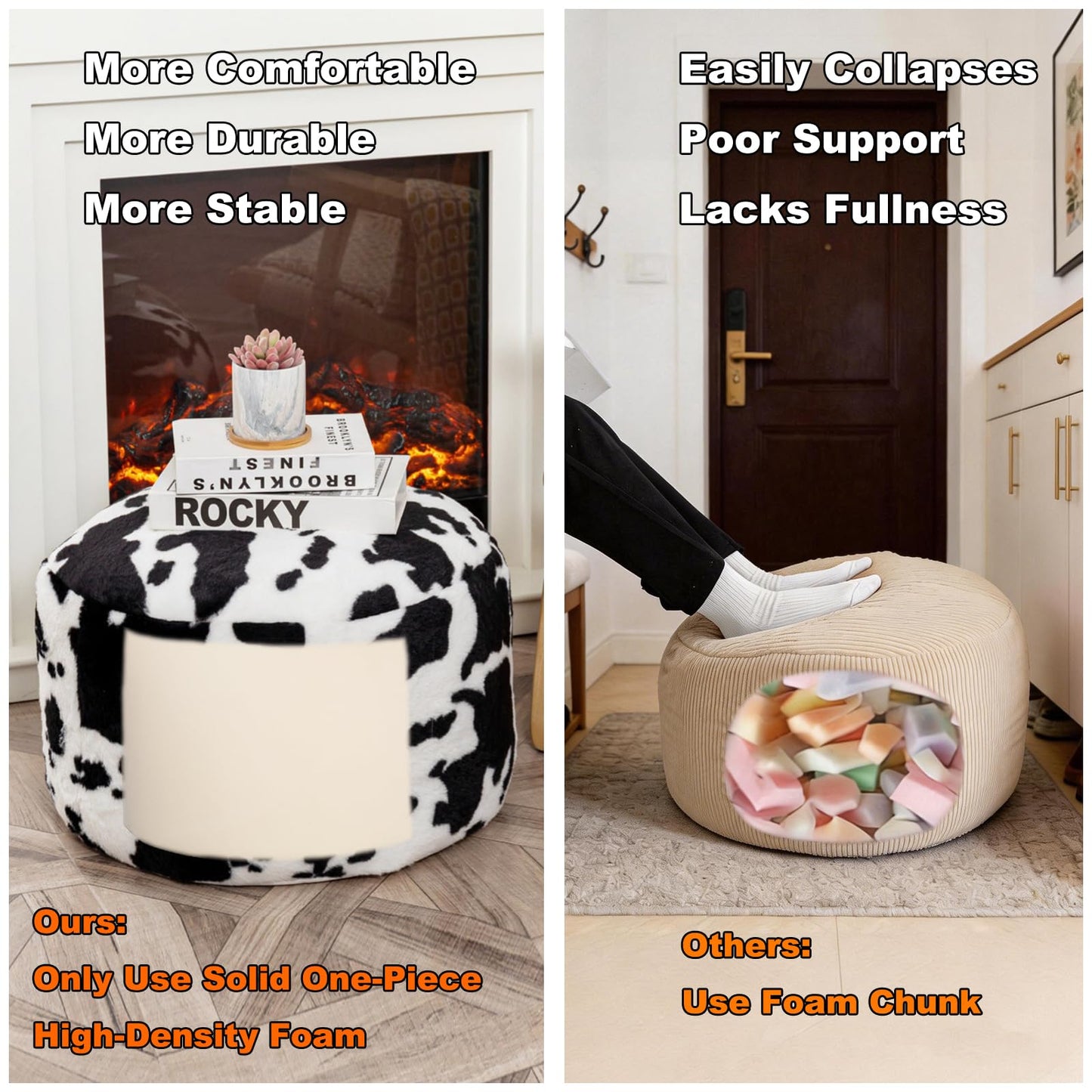Round Pouf Ottoman 20 x 20 x 14 Inches Boho Poof Home Decor Floor Pouffe Ottoman Foot Rest for Couch Sofa Bean Bag Chairs Living Room Bedroom (Black White Cow Print)
