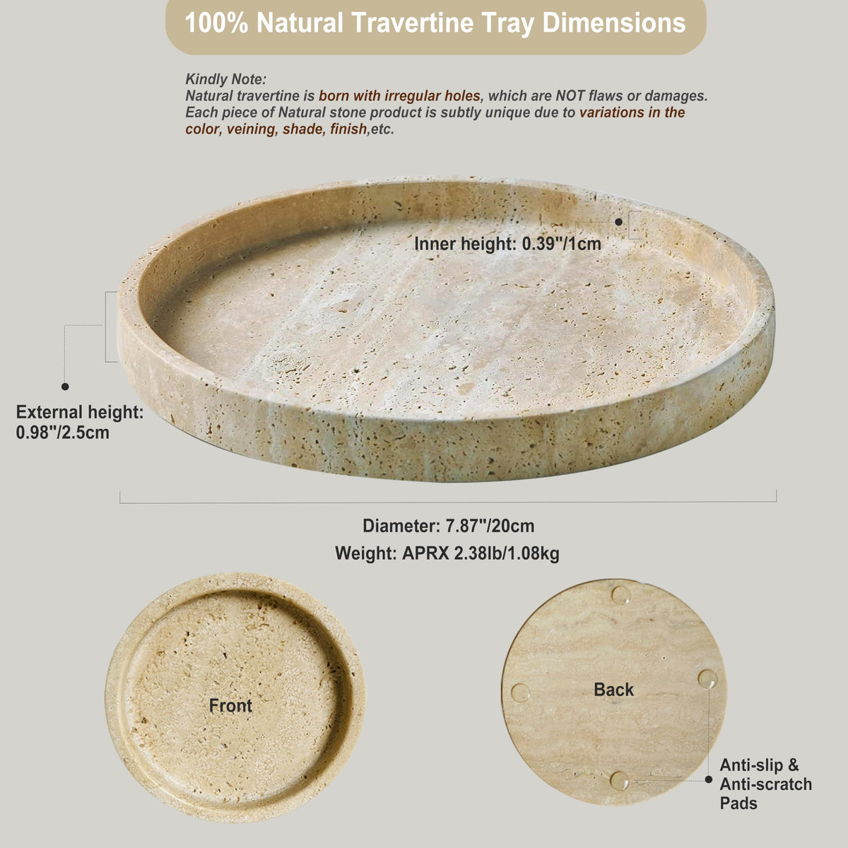 Real Travertine Tray for Jewelry, 7.9 Inch Round Marble Tray Trinket Dish, Vanity Tray for Women's Gift, Decorative Tray for Bathroom Kitchen Counter, Nightstand, Dresser, Table & Home Decor(Beige)