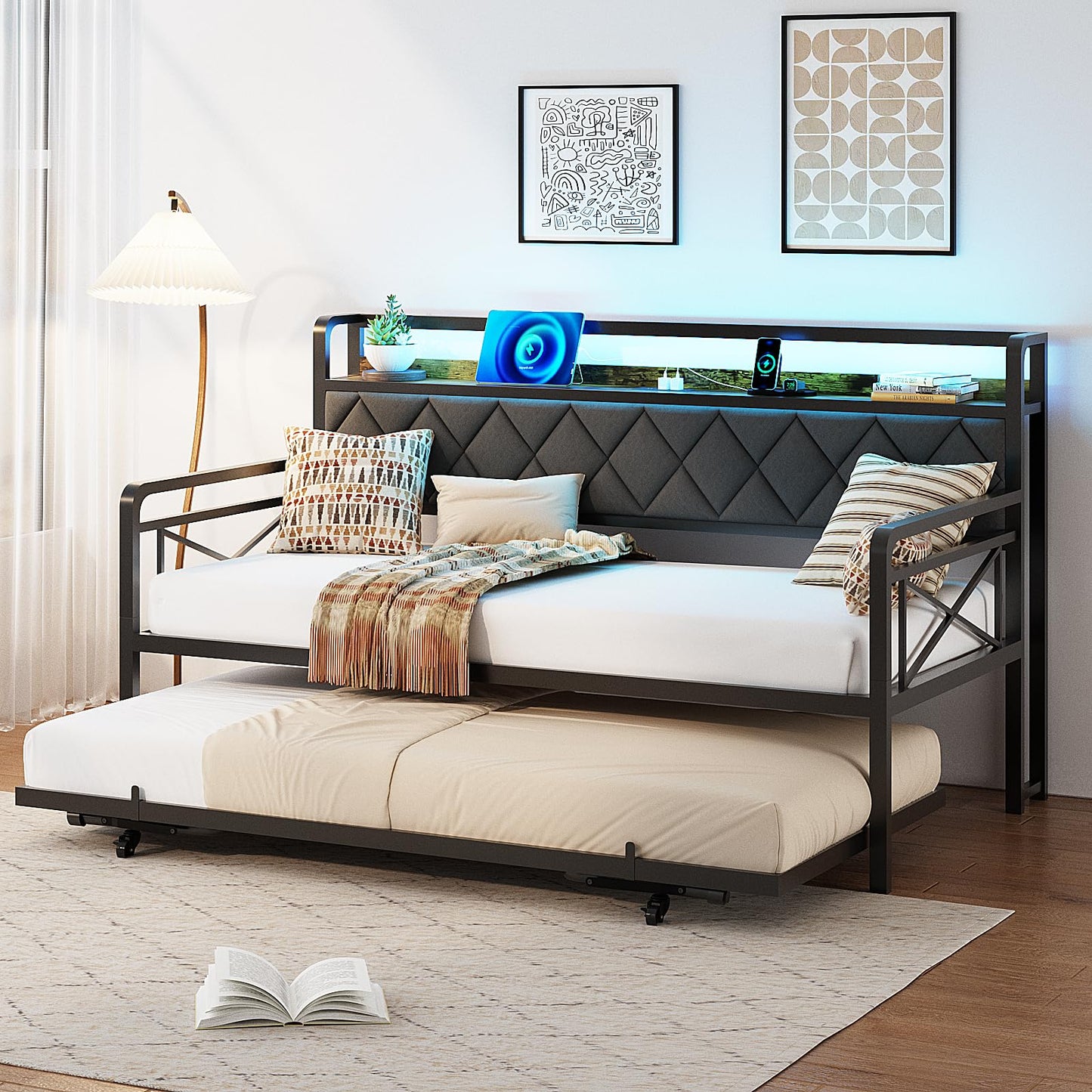 VINGLI Twin Daybed with Pop-up Trundle Bed, Day Bed with LED Light & Charing Station, Upholstered Bed Frame with Storage Headboard and Heavy Duty Metal Slats, Living Room, Bedroom, Guest Room, Gray