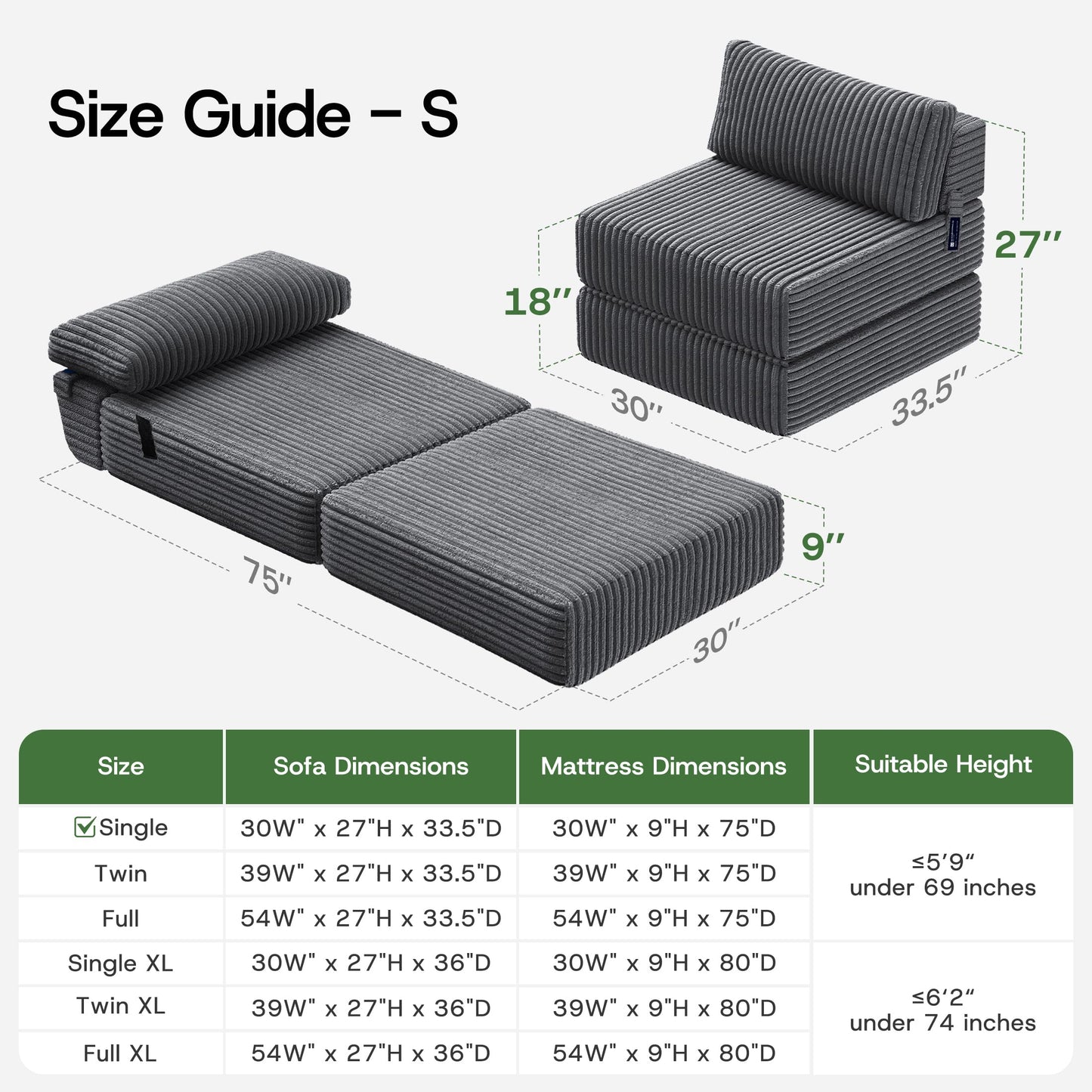 MEGAYES 4-in-1 Folding Sofa Bed Convertible Boneless Sleeper Chair Couch Foldable Lounger & Mattress Pocket Coil & Foam Fill Medium Support, Portable No Assembly for Living Room/Bedroom, Single