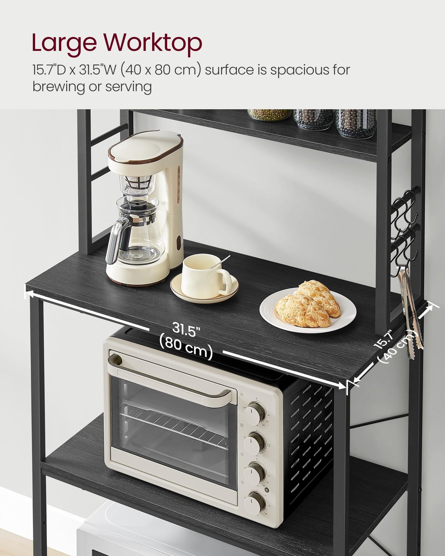 VASAGLE Coffee Bar, 31.5 Inches Baker's Rack for Kitchen with Storage, 6-Tier Kitchen Shelves with 6 Hooks, Microwave Stand, Industrial, Charcoal Gray and Ink Black UKKS019B22