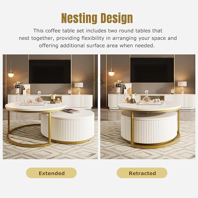 27.6" Modern Round Nesting Coffee Table Fluted