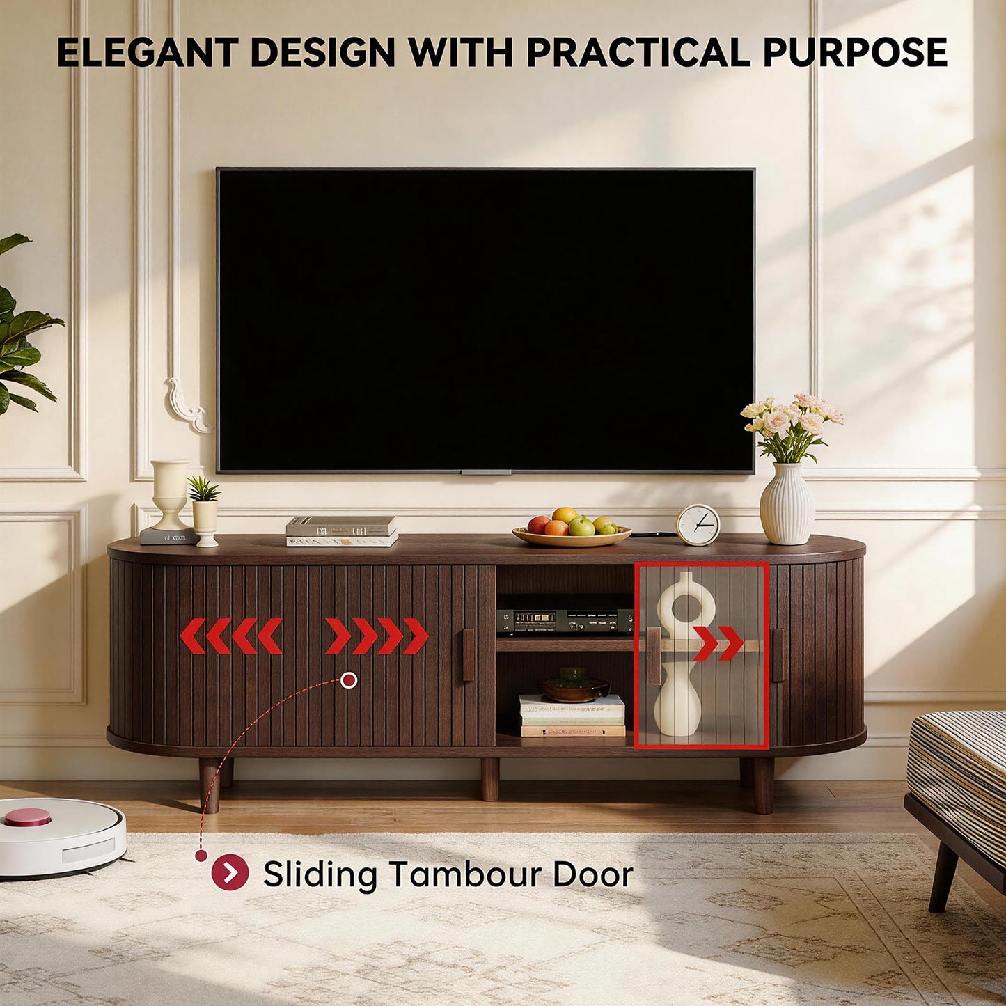 OneBlis 65" Mid Century Modern TV Stand with Power Outlet, Fluted Entertainment Center with Storage and Adjustable Shelves, Wood TV Console with Sliding Doors for Living Room, Walnut