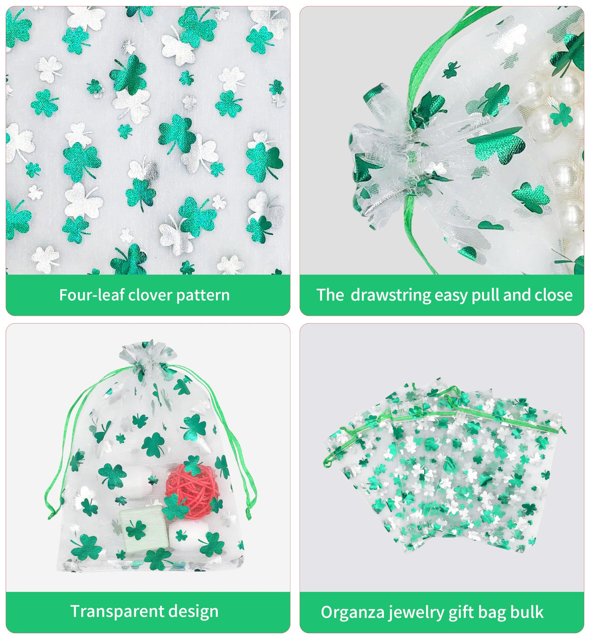 Jexila 50PCS St.Patrick's Day Organza Gift Bags Shamrock Clover Drawstring Goodie Treat Bag St.Patrick's Party Favors for Kids Classroom