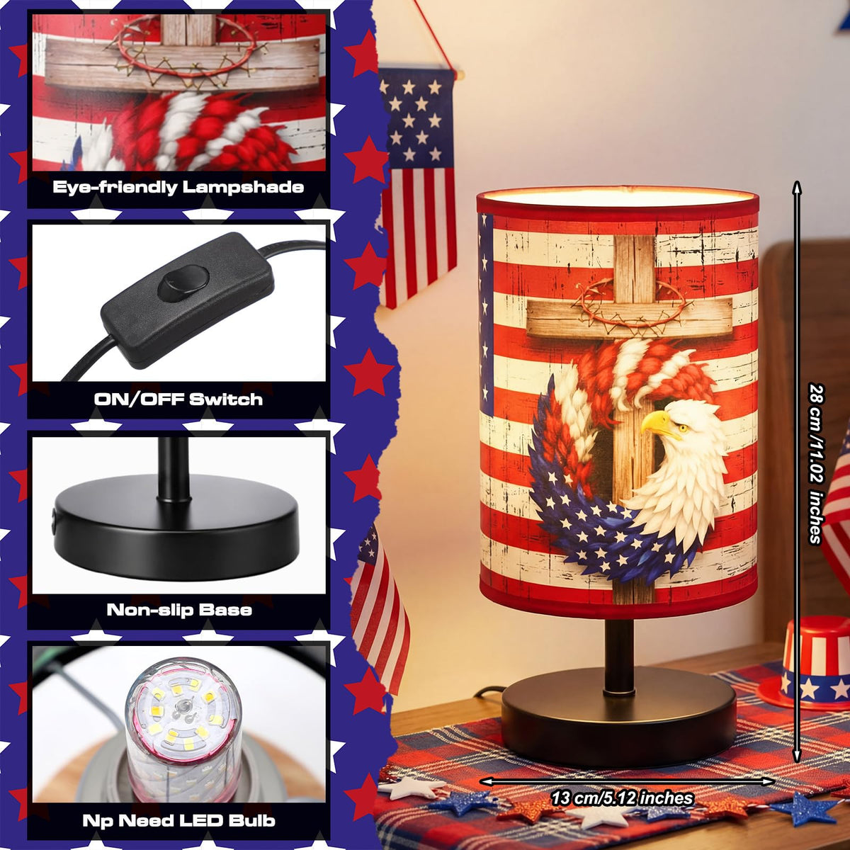 Glooglitter 4th of July Table Lamps 3 Colors Dimmable Lights 11.02 x 5.12 Inch Patriotic Bedroom Lamps Independence Day American Flag Bedside Night Light for Desk Memorial Day Birthday Gifts