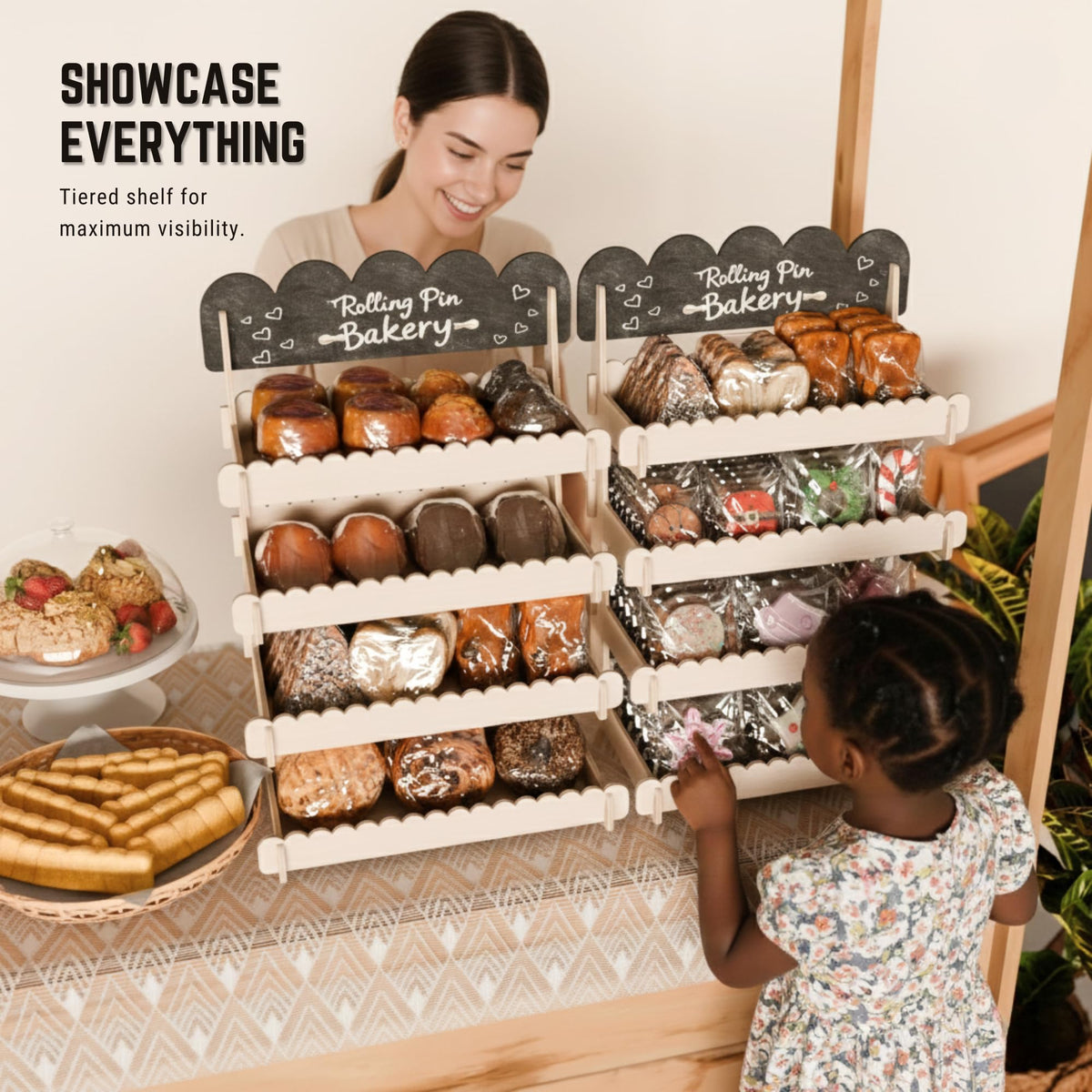 HOTCAN Wooden Cookie Display Stand with Chalkboard Sign for Bakers, Vendors, Craft Fairs | Pastry Display for Market Booths & Events | 4 Tiered Cookie Display for Muffins, Cakes, and Pastries(Natural)