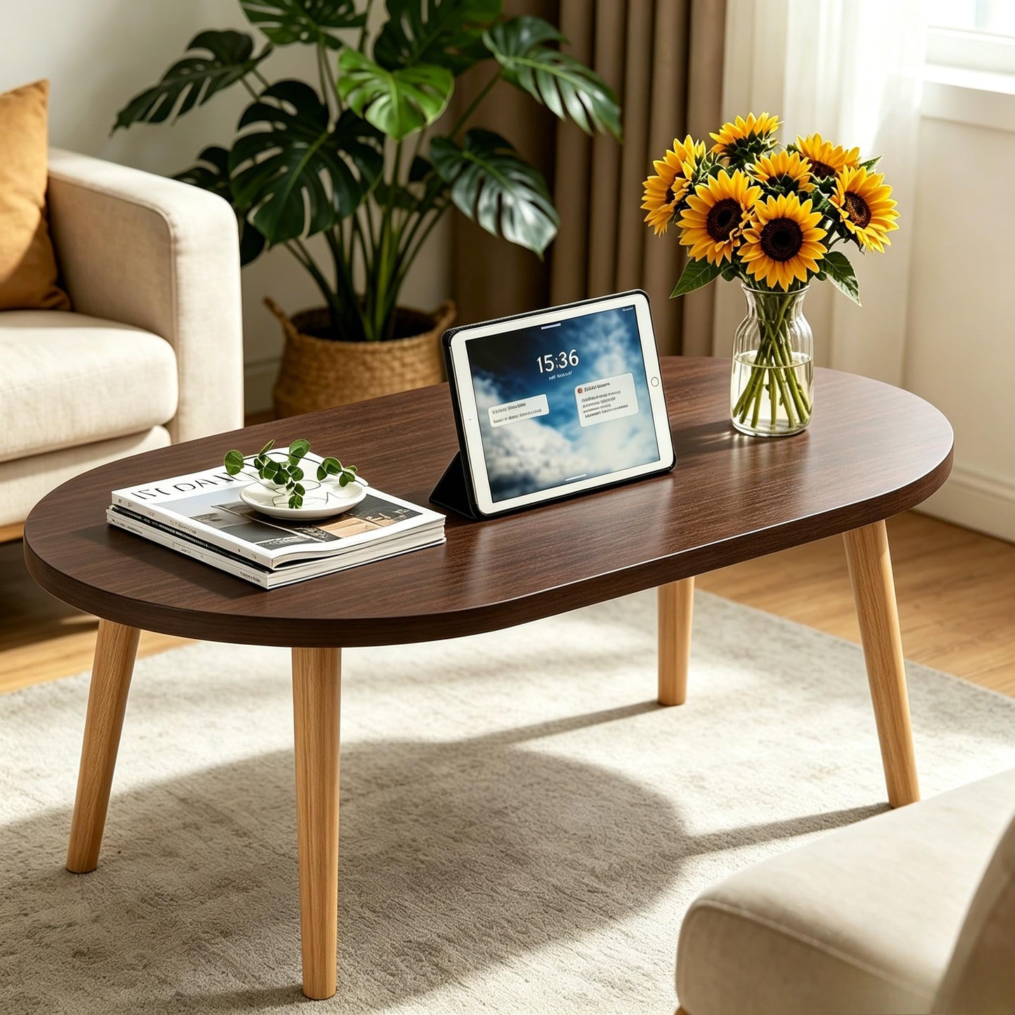 FURMORENE Coffee Table Low Table with Solid Wood Legs, 31.5x19.7 Large Coffee Table Side Table, Floor Table Desk for Sitting on The Floor, Living Room Furniture for Office Apartment Home, Oval Walnut