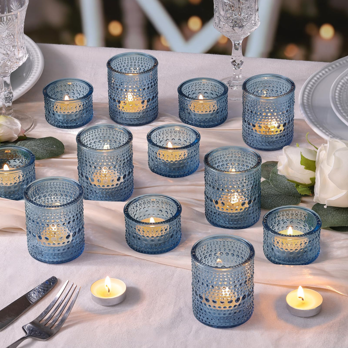NITIME Blue Glass Votive Candle Holders Set of 24, Assorted Heights Polka Dot Tealight Candle Holders for Table Centerpiece, Blue Candle Holder Decor for Wedding, Baby Shower Party & Spa