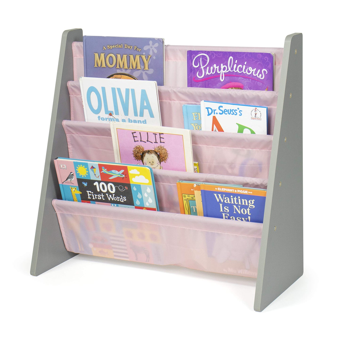Humble Crew Kids Bookshelf, 4-Tier Front-Facing Book Display Organizer, Montessori Toddler Bookcase for Playroom, Bedroom & Reading Corner, Grey Wood/Pink