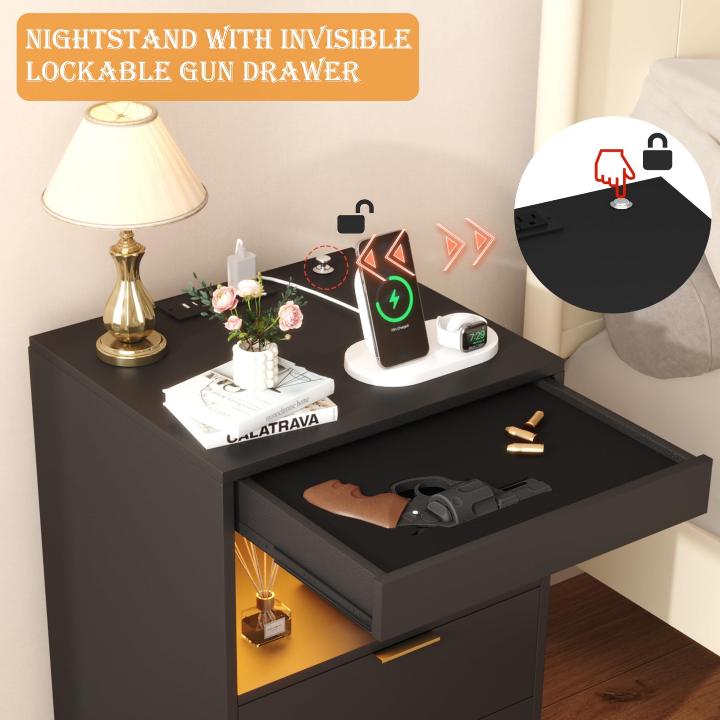 Yusong Night Stand with Gun Drawer & Invisible Lock, Bedside Table, LED Nightstand with Charging Station, Modern Night Stand, Wood Sofa Couch End Side Table with 2 Pull-Out Shelf (Black 002)