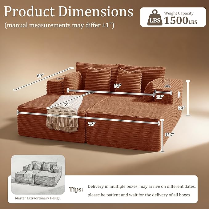 72" Cloud Sectional Couch, Comfort Sleep Sofa