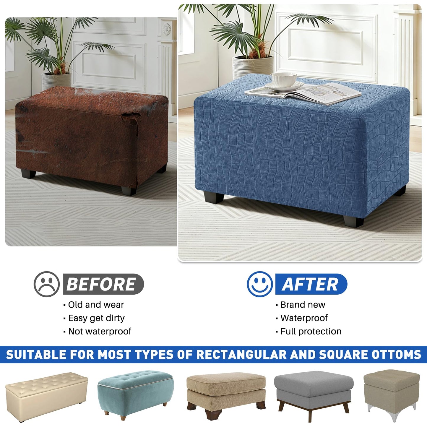 MAXIJIN Waterproof Ottoman Cover Rectangle Stretch Ottoman Slipcovers Square Thick Stool Covers Storage Footrest Furniture Protector with Non-Slip Elastic Bottom (Small, Dusty Blue)